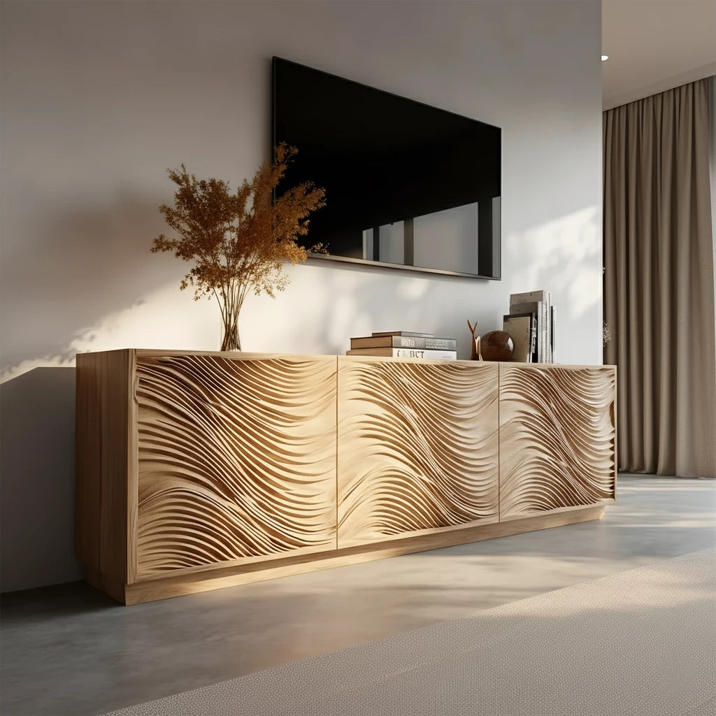 Sunlit Wave Carved Solid Wood TV Stand – Natural Breeze Edition - Rustira