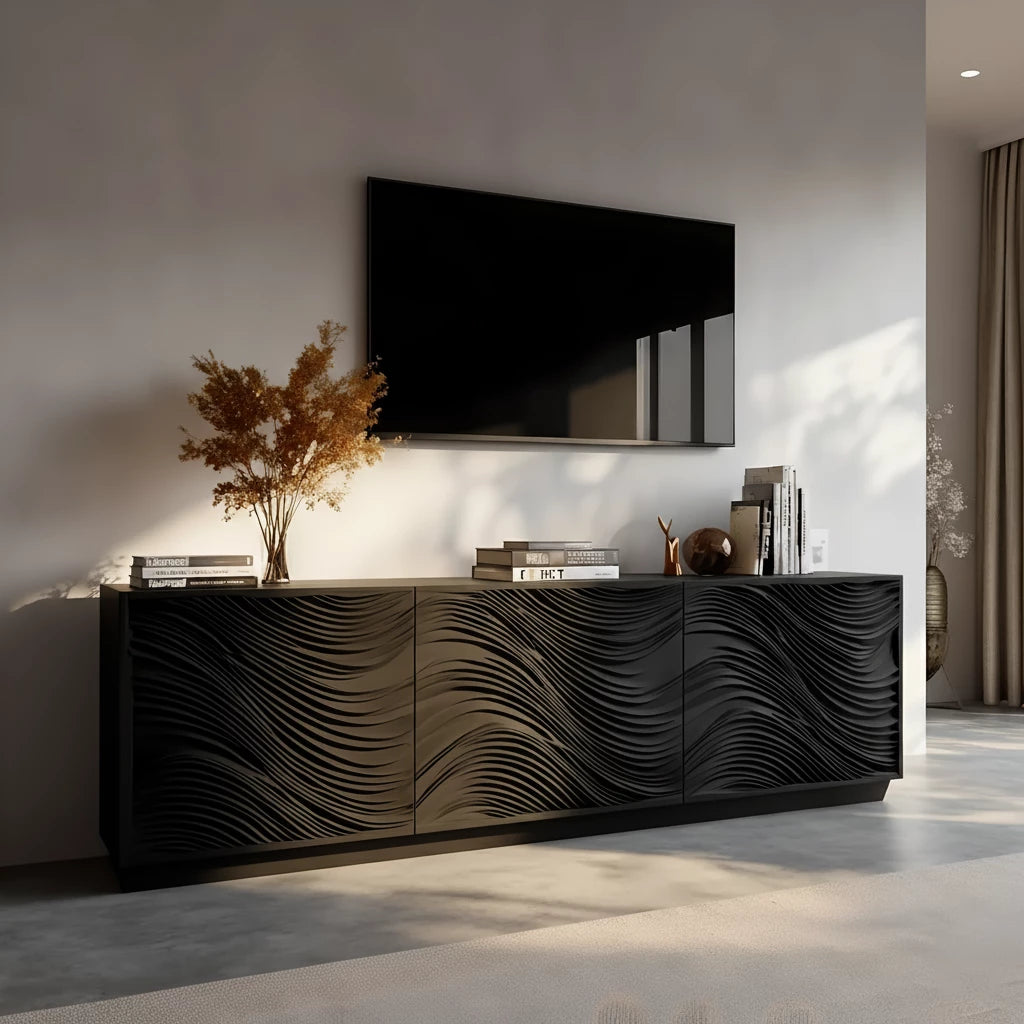 Sunlit Wave Carved Solid Wood TV Stand – Natural Breeze Edition - Rustira