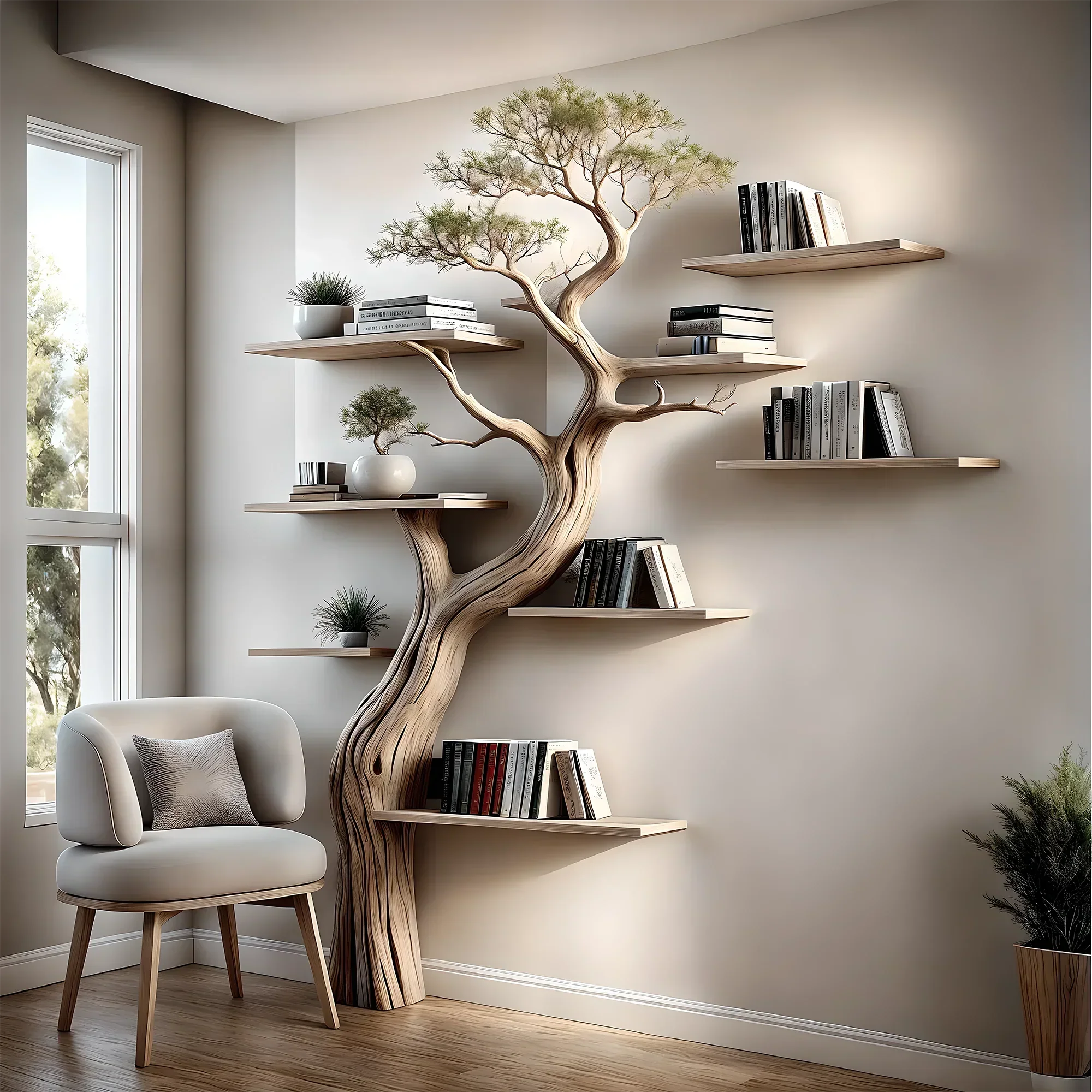 Solid perennial wood bookshelf, floating shelf, tree-shaped bookshelf