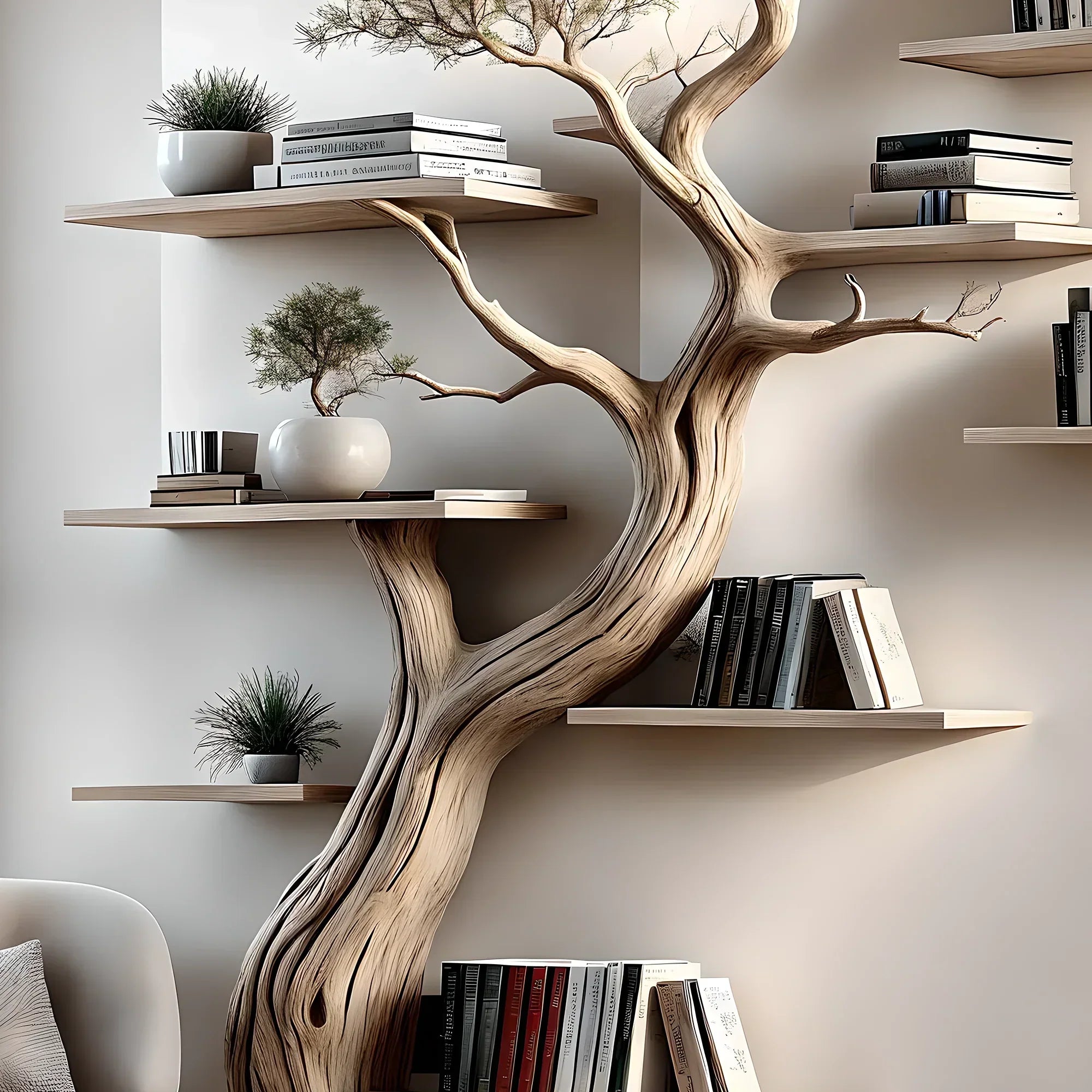Solid perennial wood bookshelf, floating shelf, tree-shaped bookshelf