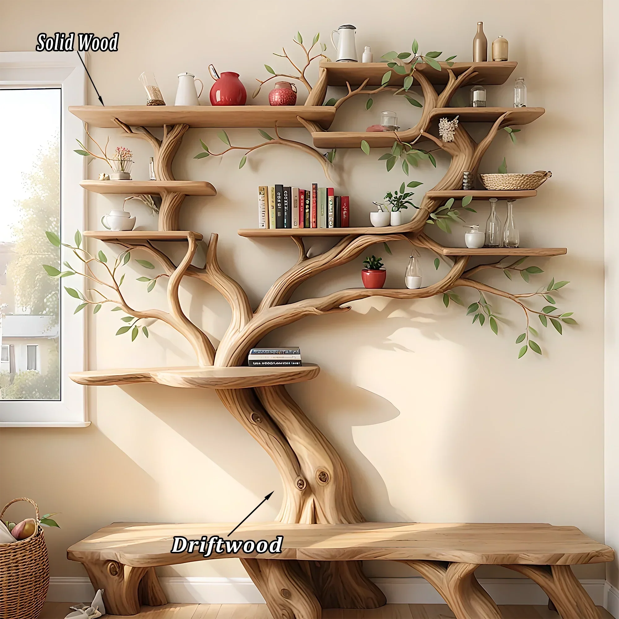 Unique monolithic tree shaped bookshelf
