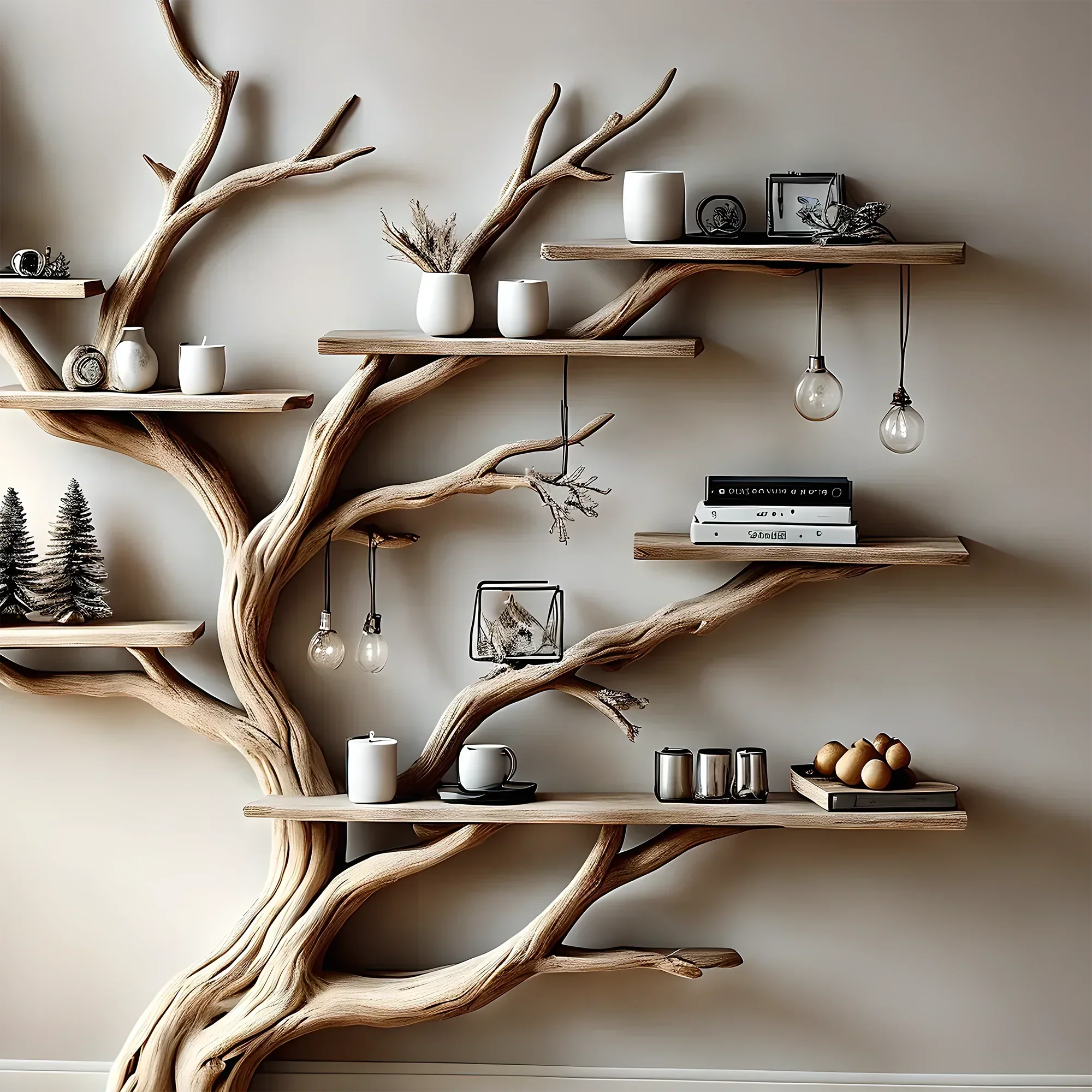 Narrow floating living table with solid wood bookcase and floating bookshelf