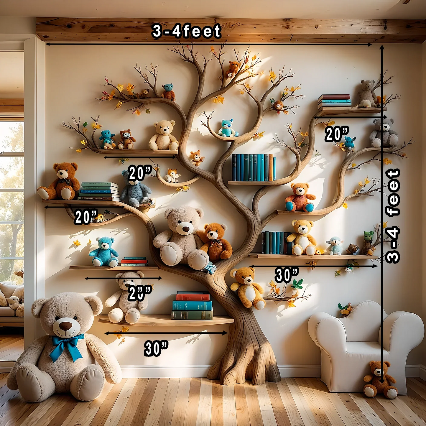 Tree-shaped bookshelf for children's room - Natural wood furniture, convenient and safe toy display shelf