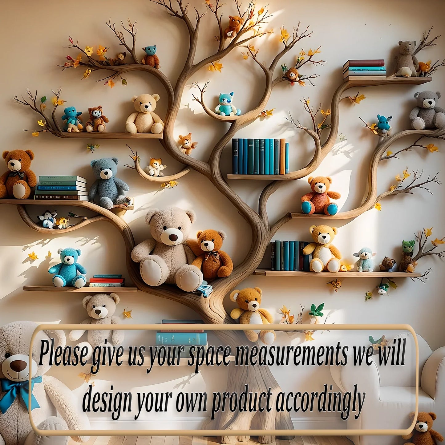 Tree-shaped bookshelf for children's room - Natural wood furniture, convenient and safe toy display shelf