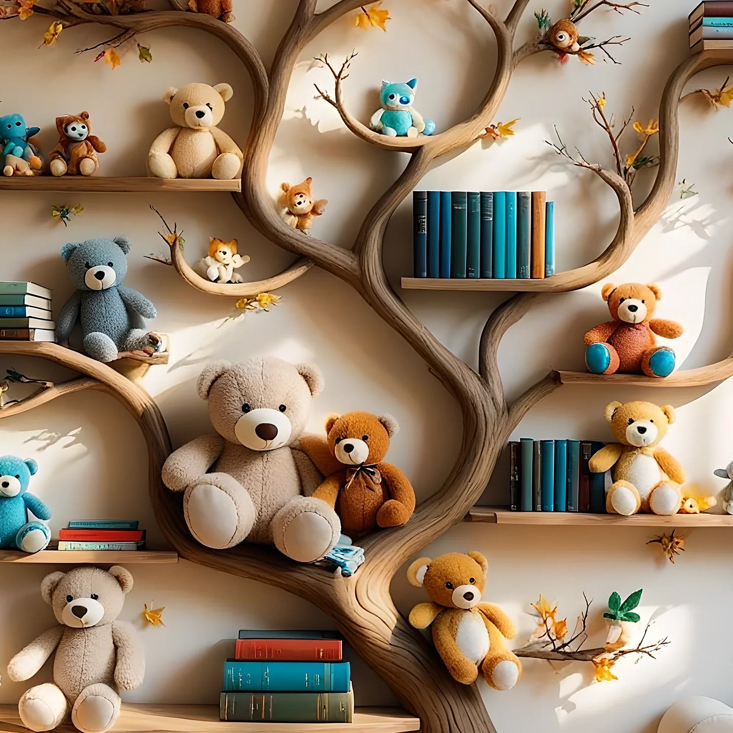 Tree-shaped bookshelf for children's room - Natural wood furniture, convenient and safe toy display shelf