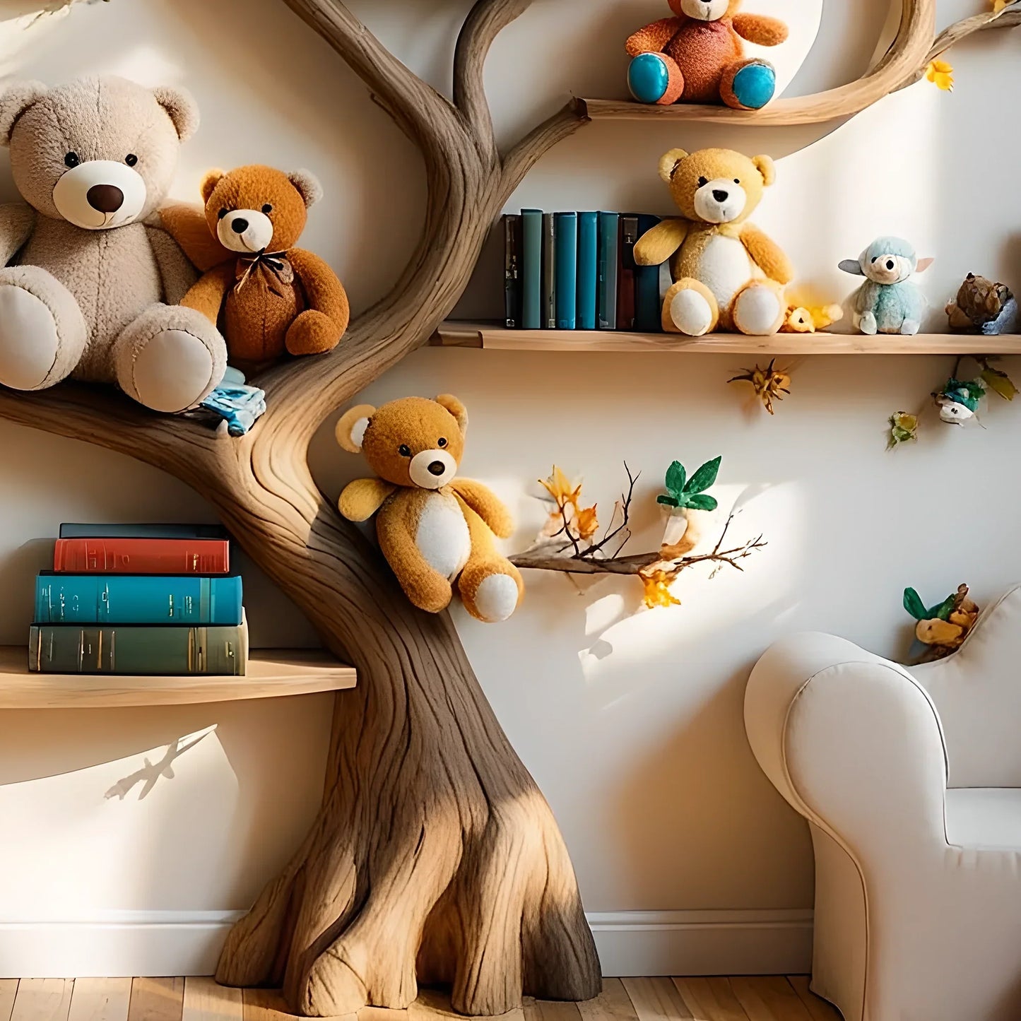 Tree-shaped bookshelf for children's room - Natural wood furniture, convenient and safe toy display shelf