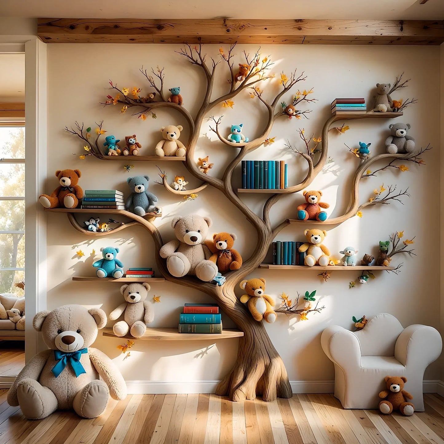 Tree-shaped bookshelf for children's room - Natural wood furniture, convenient and safe toy display shelf