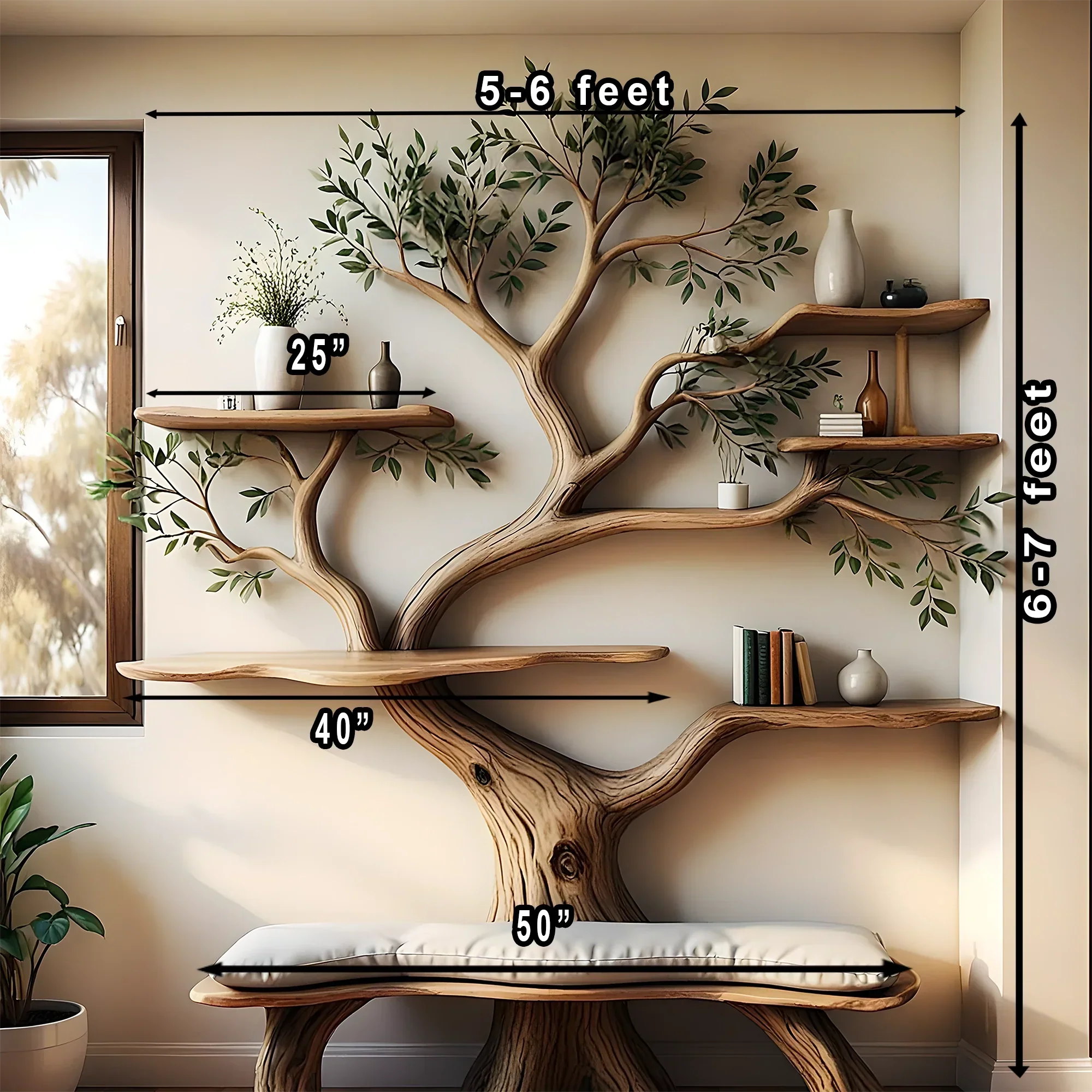 Tree shaped bookshelf made from driftwood and solid wood
