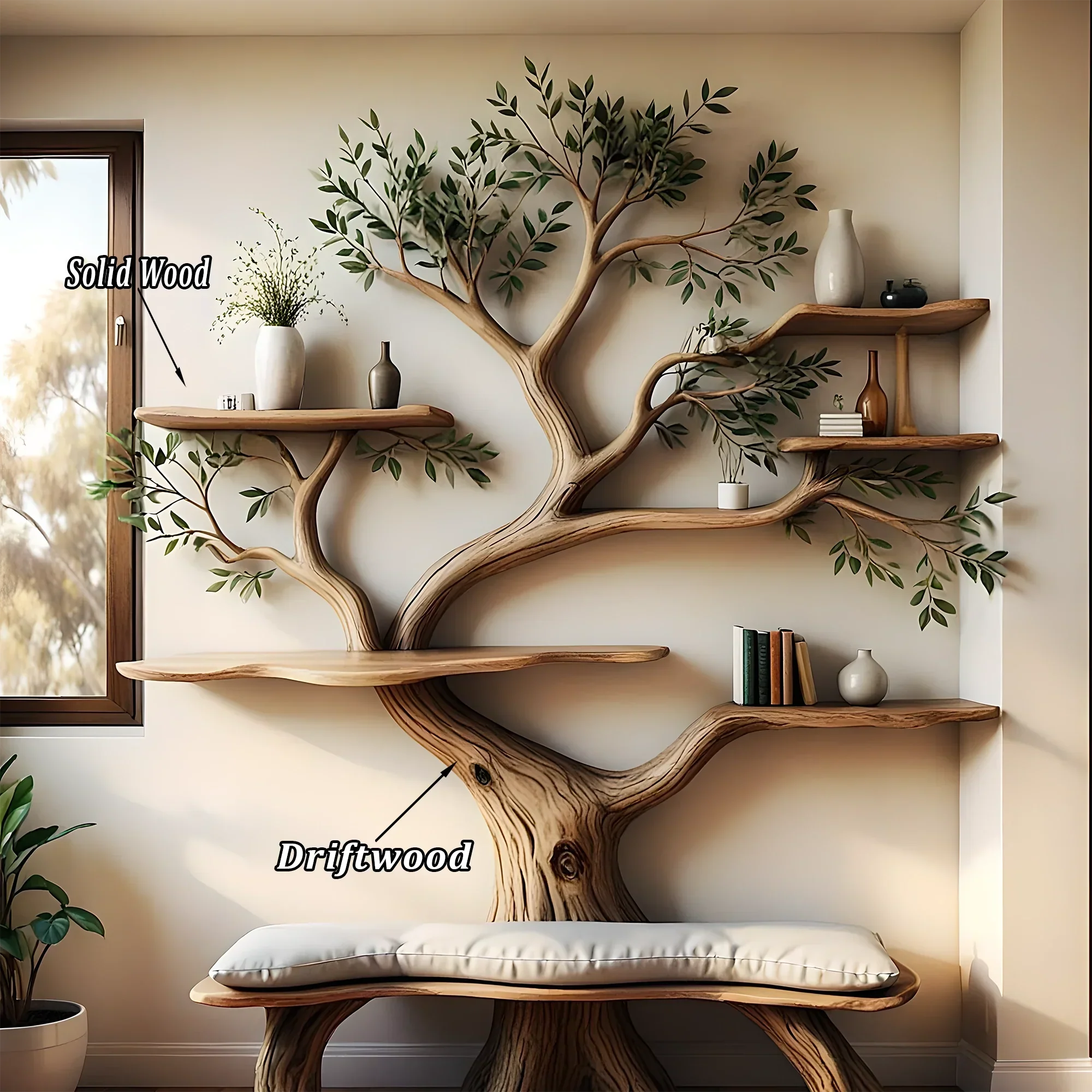 Tree shaped bookshelf made from driftwood and solid wood