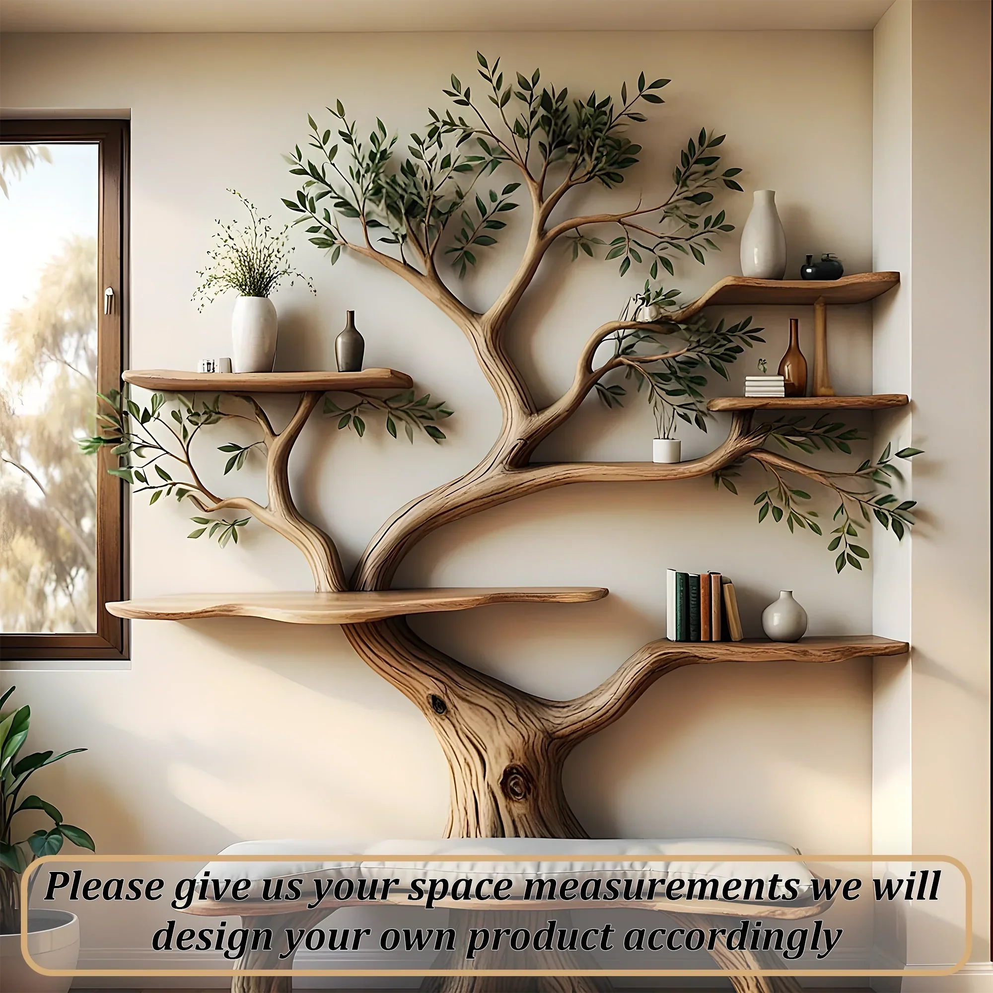 Tree shaped bookshelf made from driftwood and solid wood