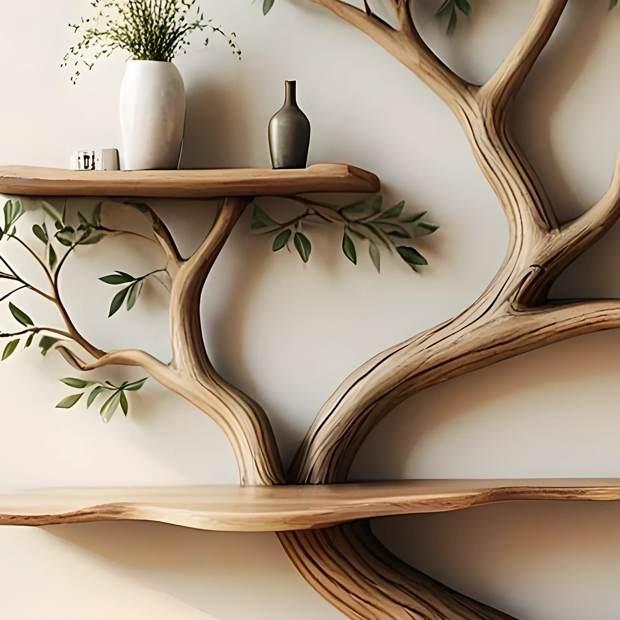 Tree shaped bookshelf made from driftwood and solid wood