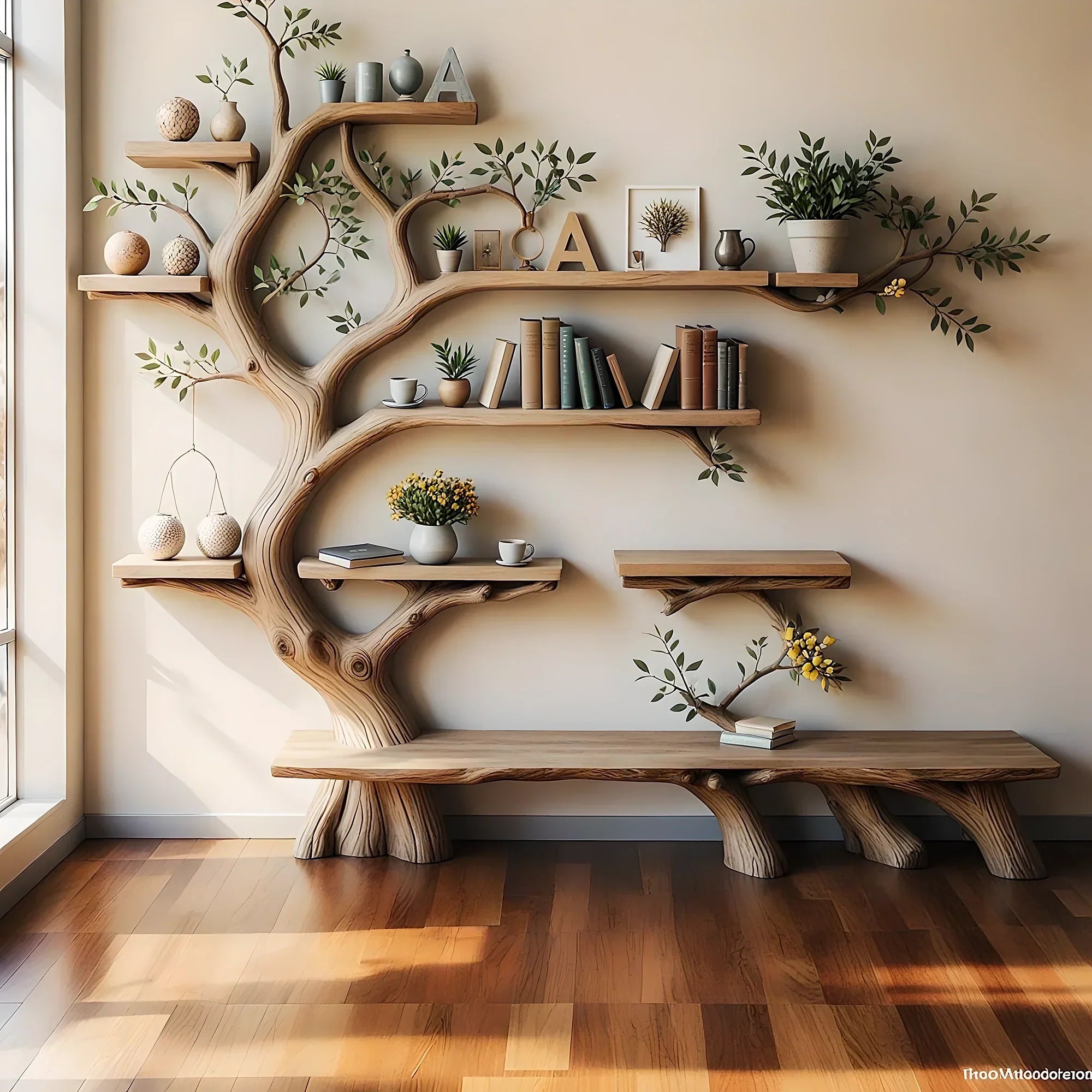 Tree shaped bookshelf with modern reading pedestal design