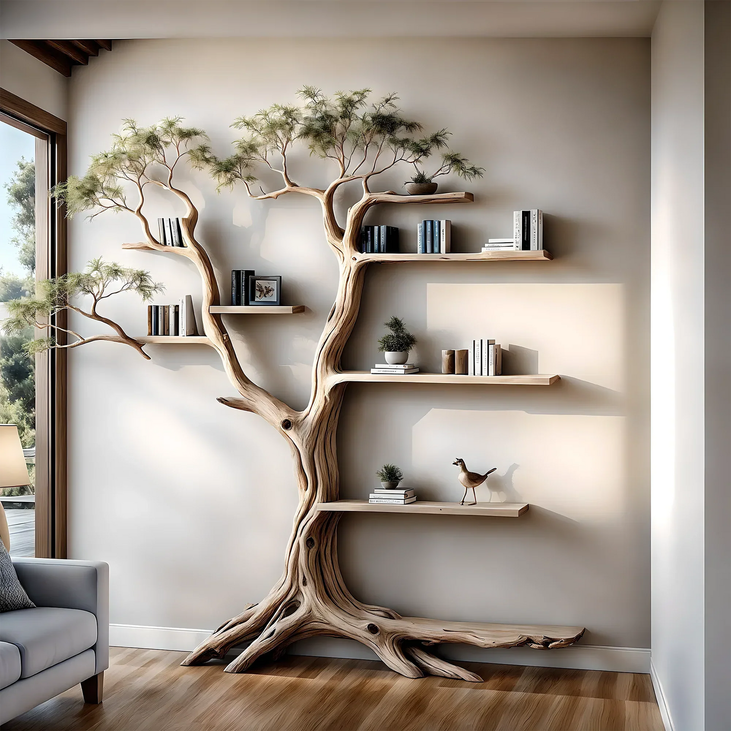 Tree-shaped bookshelves, souvenir display shelves