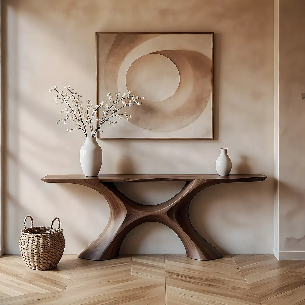 Twin Arch Walnut Console Table – Modern Sculptural Form - Rustira