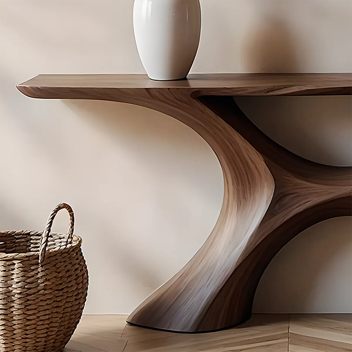 Twin Arch Walnut Console Table – Modern Sculptural Form - Rustira