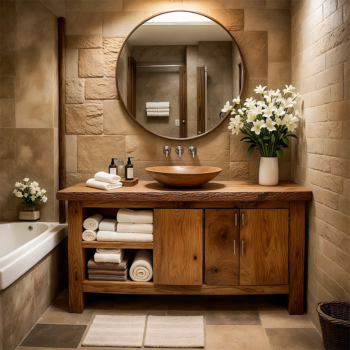 Rustic Solid Oak Bathroom Vanity – Handcrafted Wood Design
