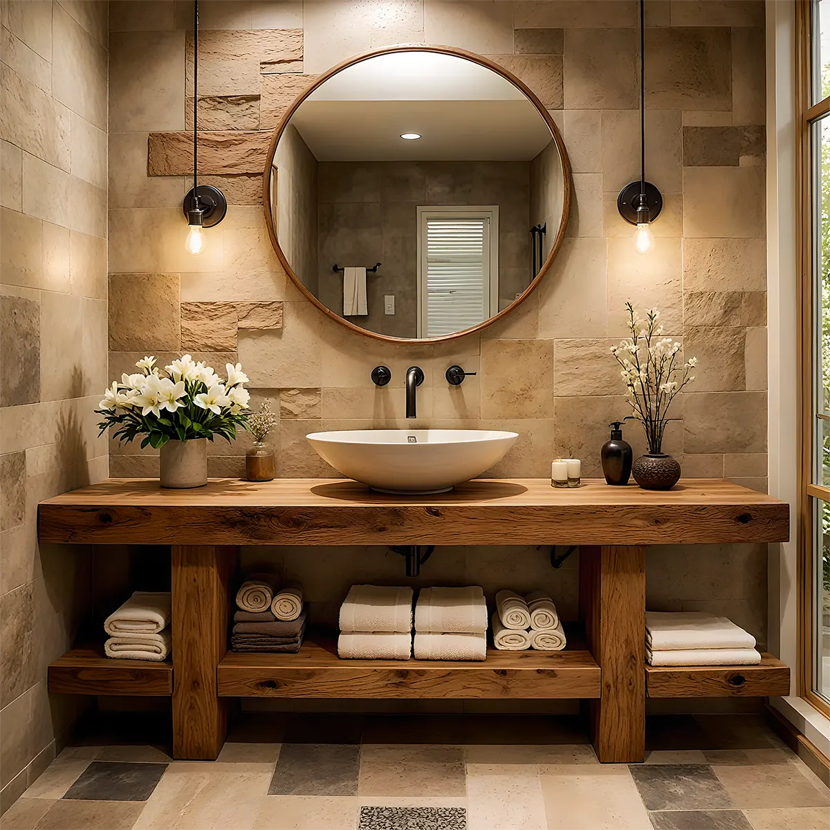 Rustic Oak Bathroom Vanity – Solid Wood Spa Design