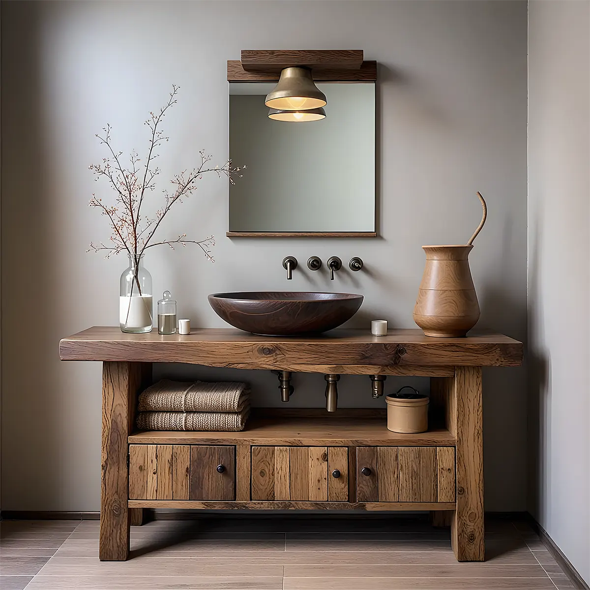 Rustic Heritage Oak Bathroom Vanity – Handcrafted Wood