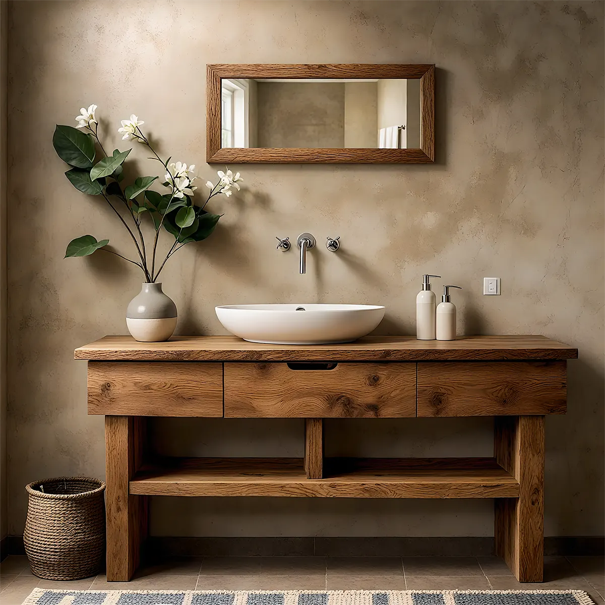 Oak Haven Bathroom Vanity – Solid Wood with Drawers
