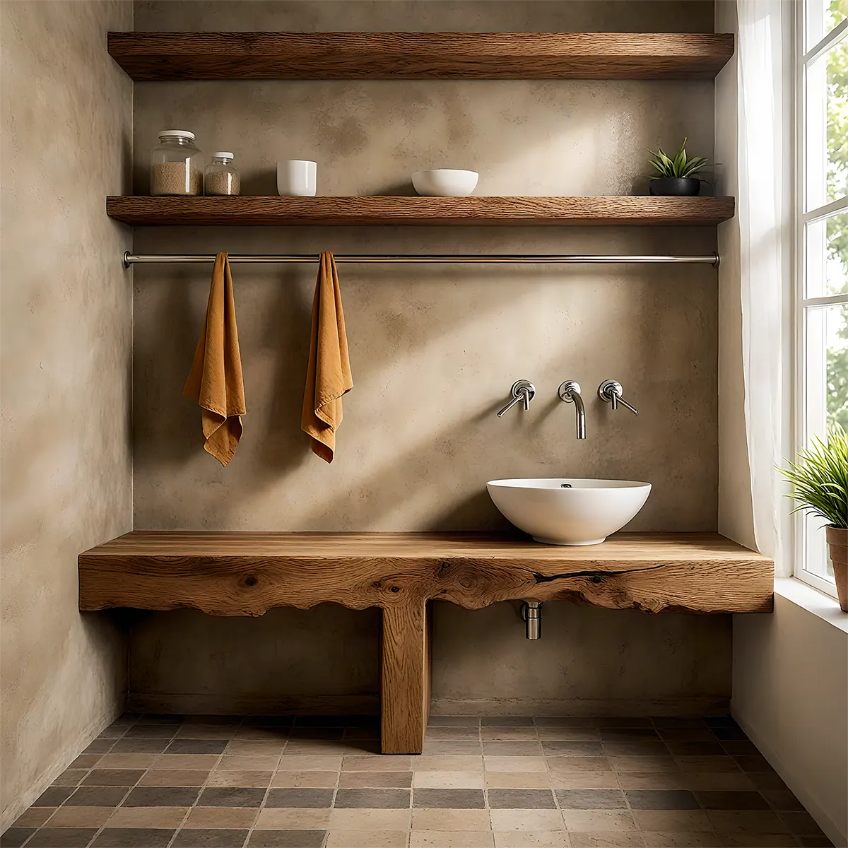 LiveEdge Solid Oak Vanity – Natural Spa Bathroom Design