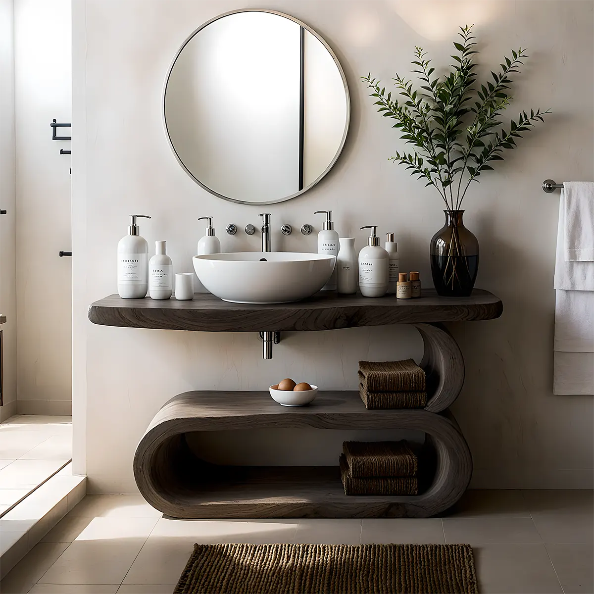 WaveArc Vanity – Solid Wood Bathroom with Zen Curves - Rustira
