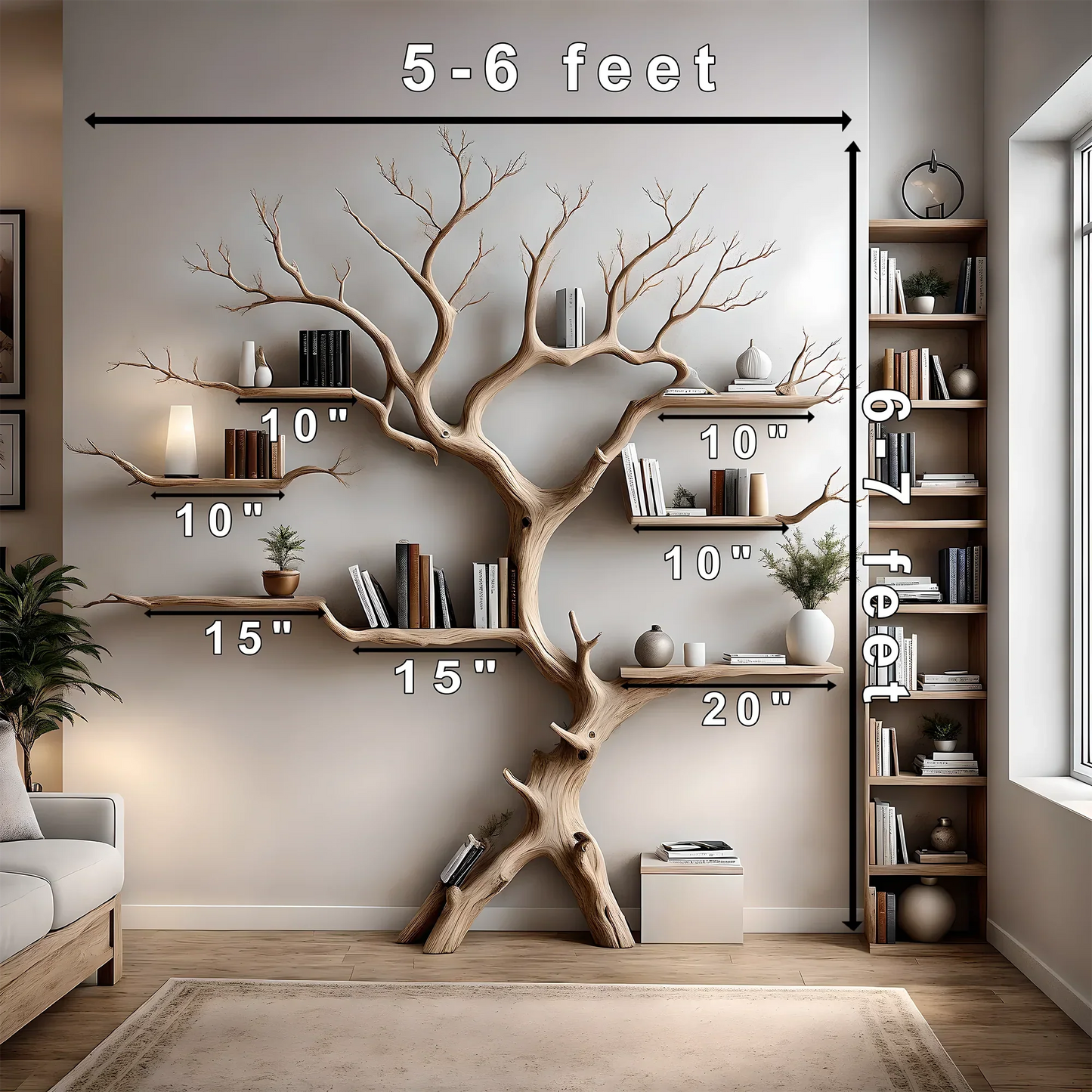 Wall-mounted bookshelf decorates the living room. Decorative bookshelf shaped like aged wood