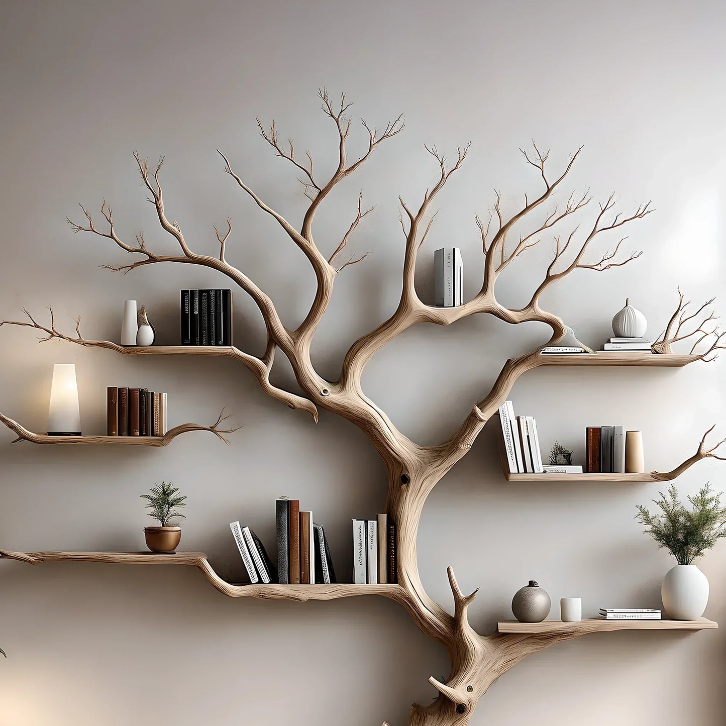 Wall-mounted bookshelf decorates the living room. Decorative bookshelf shaped like aged wood