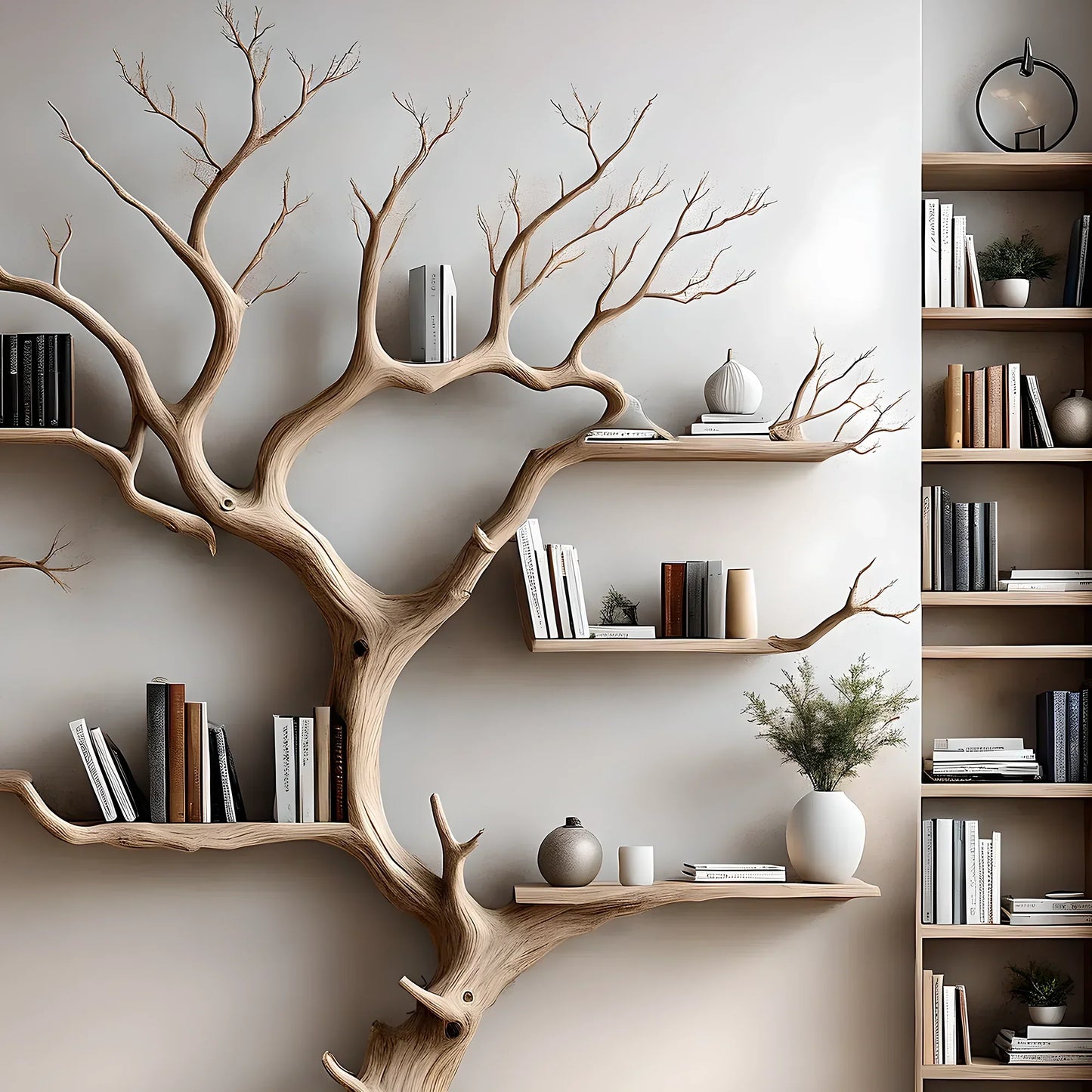 Wall-mounted bookshelf decorates the living room. Decorative bookshelf shaped like aged wood