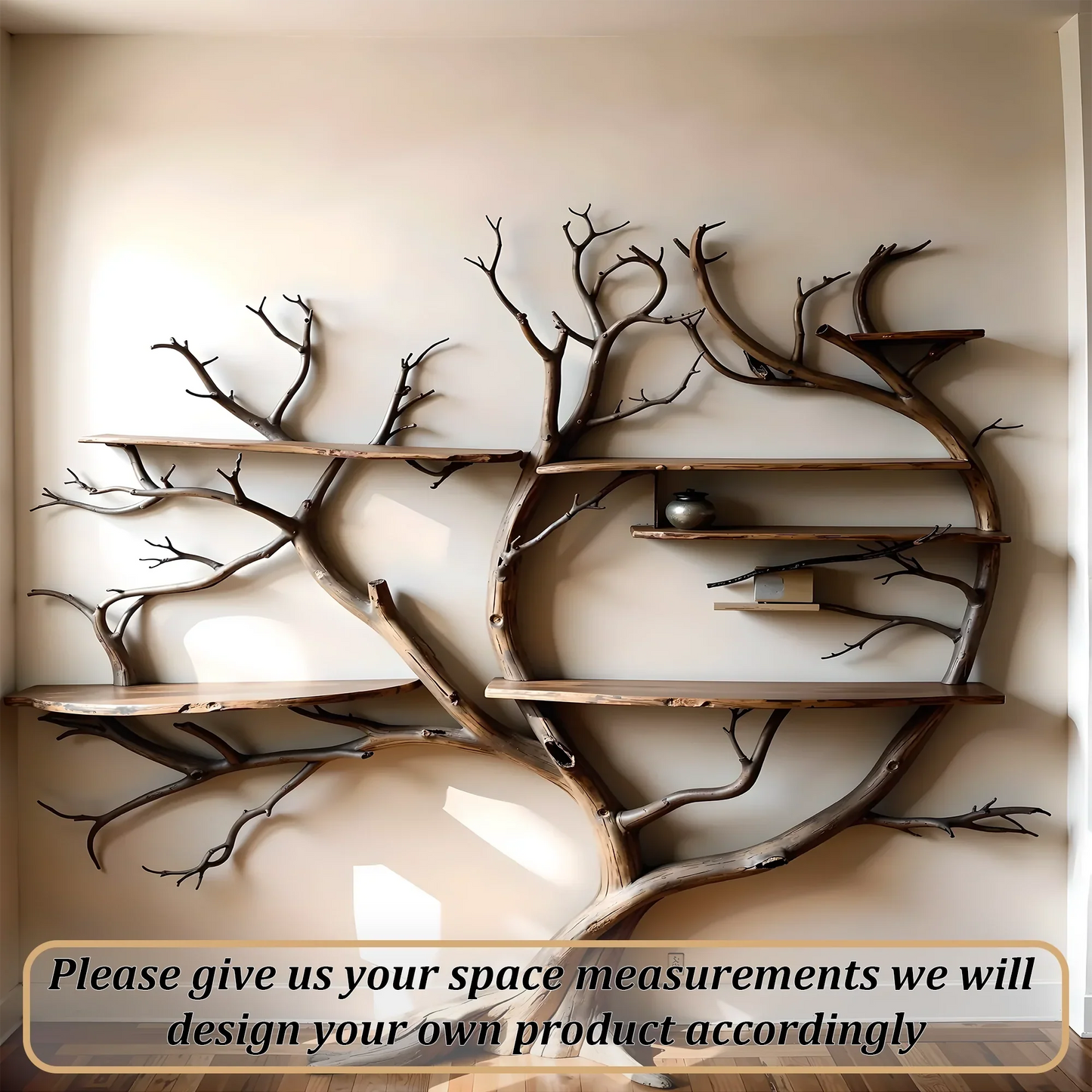 Wall-mounted bookshelf shaped like a natural tree