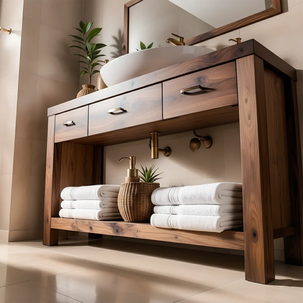 Walnut Essence Vanity – Solid Wood Bathroom Elegance - Rustira