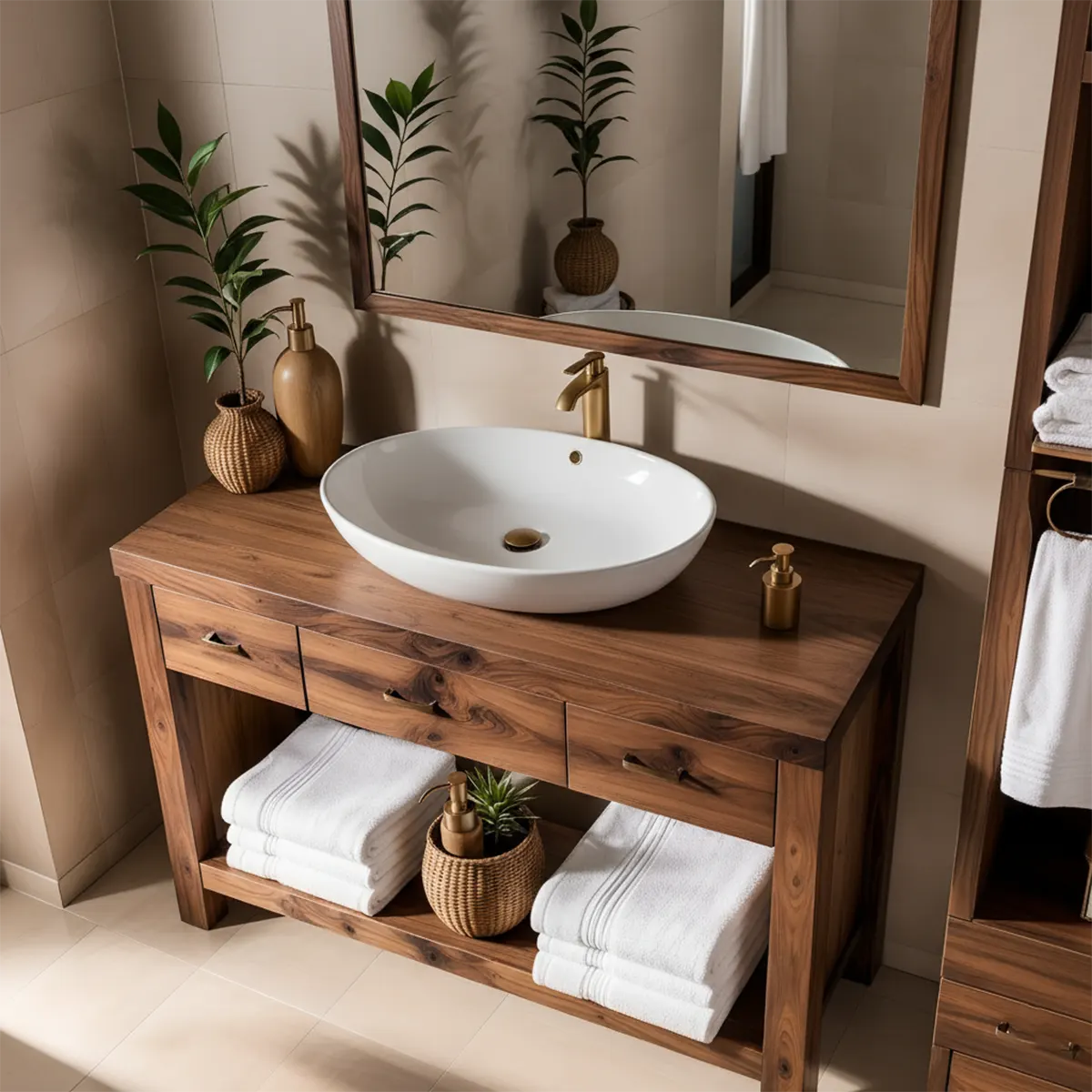 Walnut Essence Vanity – Solid Wood Bathroom Elegance - Rustira