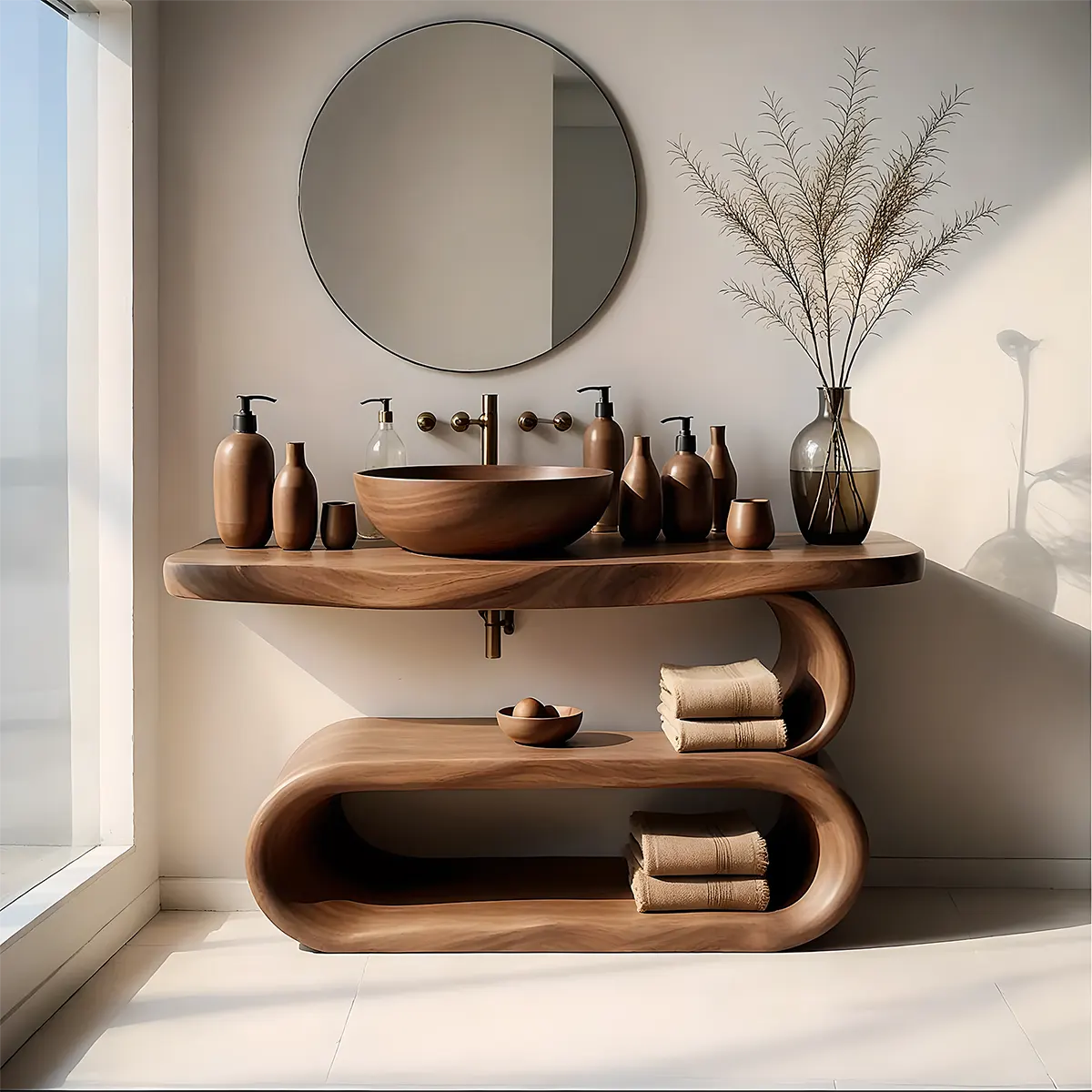 WaveArc Vanity – Solid Wood Bathroom with Zen Curves - Rustira