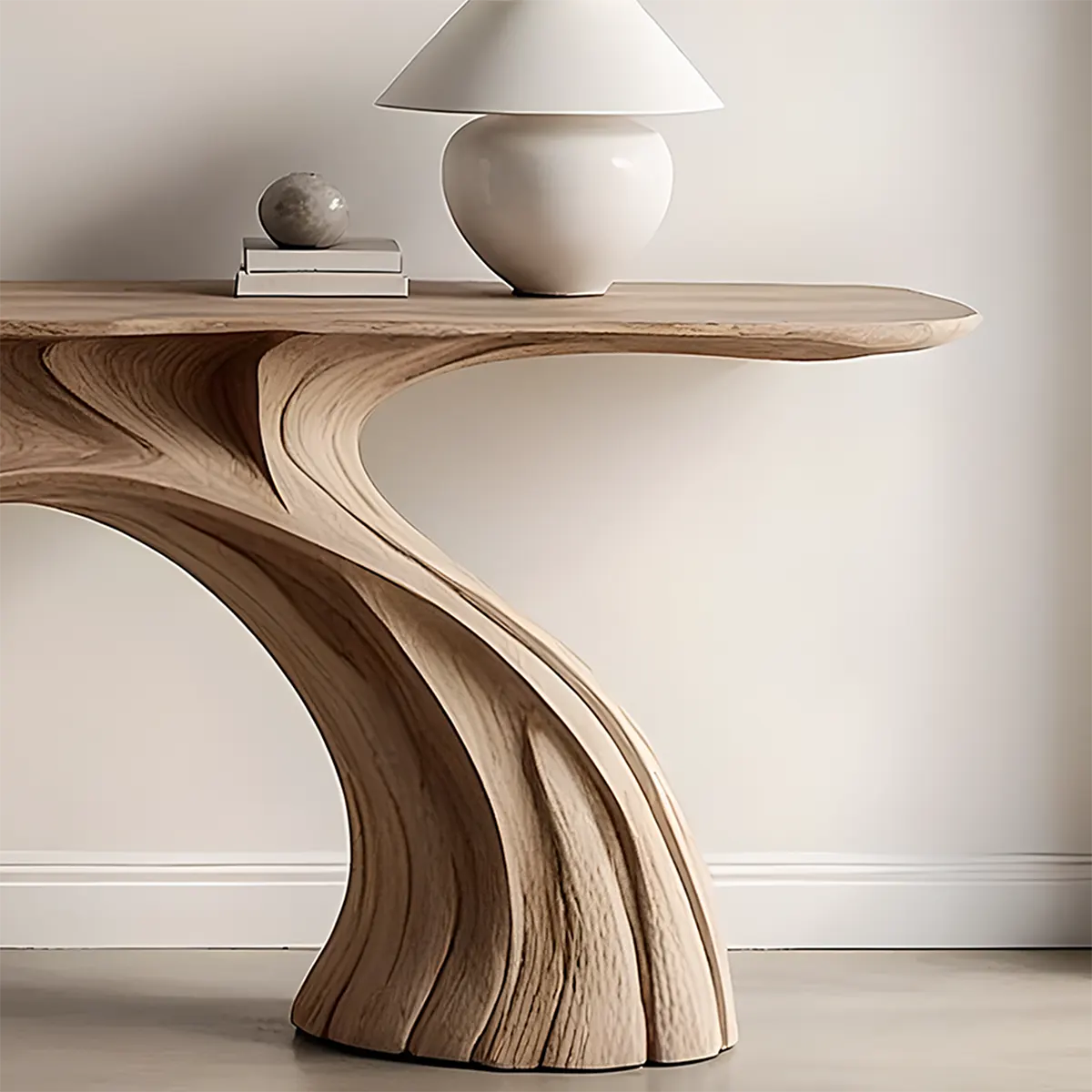 Wave Arch Oak Console Table – Minimal Sculptural Design - Rustira