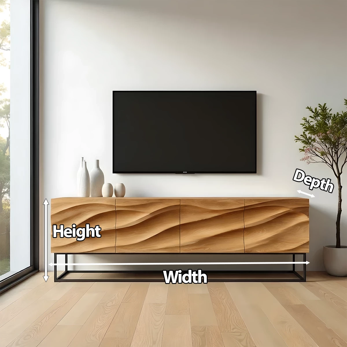 Wave-Carved Scandinavian Solid Wood TV Console – Natural Oak Finish - Rustira