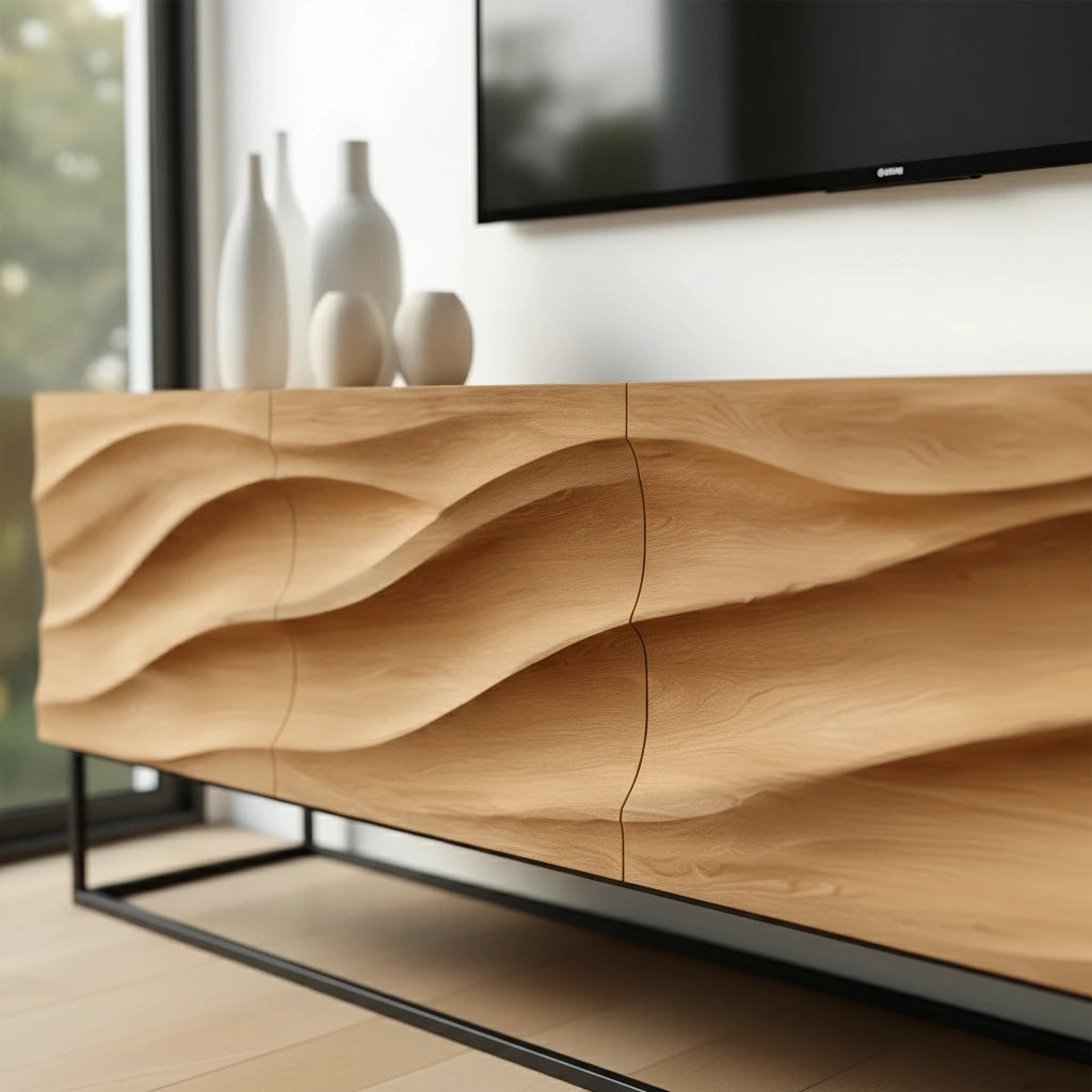 Wave-Carved Scandinavian Solid Wood TV Console – Natural Oak Finish - Rustira