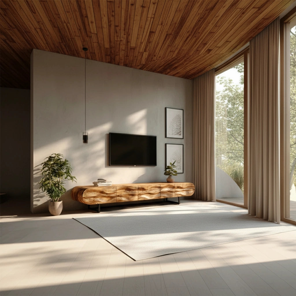 Wave-Carved Solid Wood TV Console – Organic Sculpted Media Sideboard - Rustira