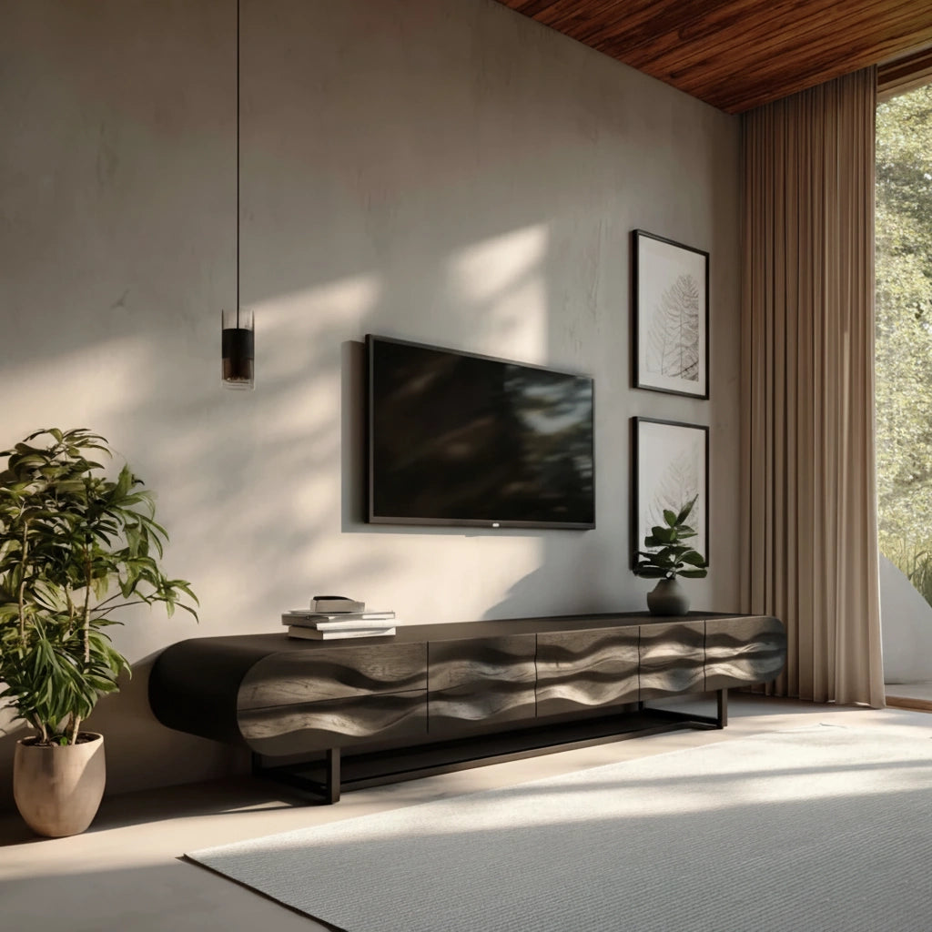 Wave-Carved Solid Wood TV Console – Organic Sculpted Media Sideboard - Rustira