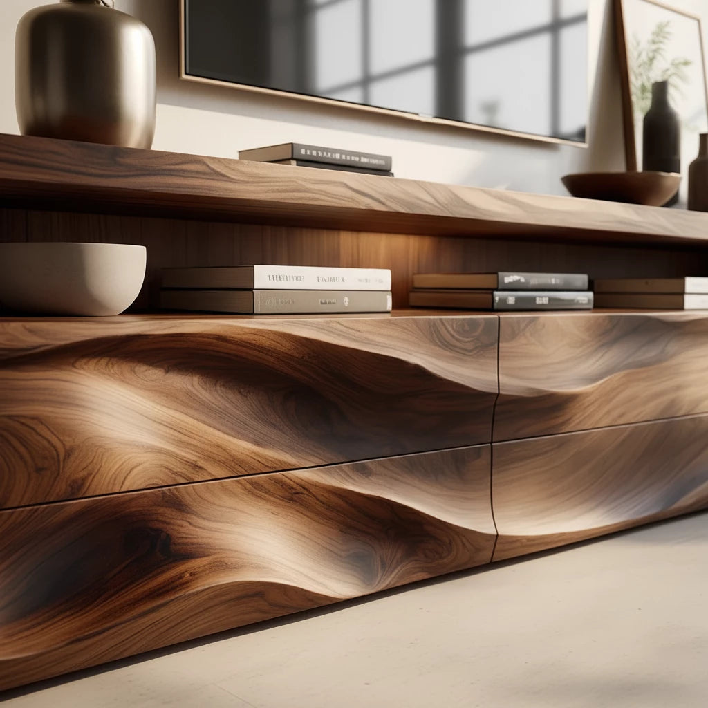 Wave-Carved Solid Wood TV Stand - Luxury Organic Media Console - Rustira