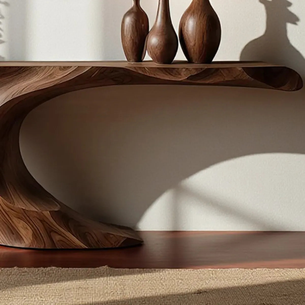 Wave Curve Walnut Console Table – Organic Sculptural Form - Rustira