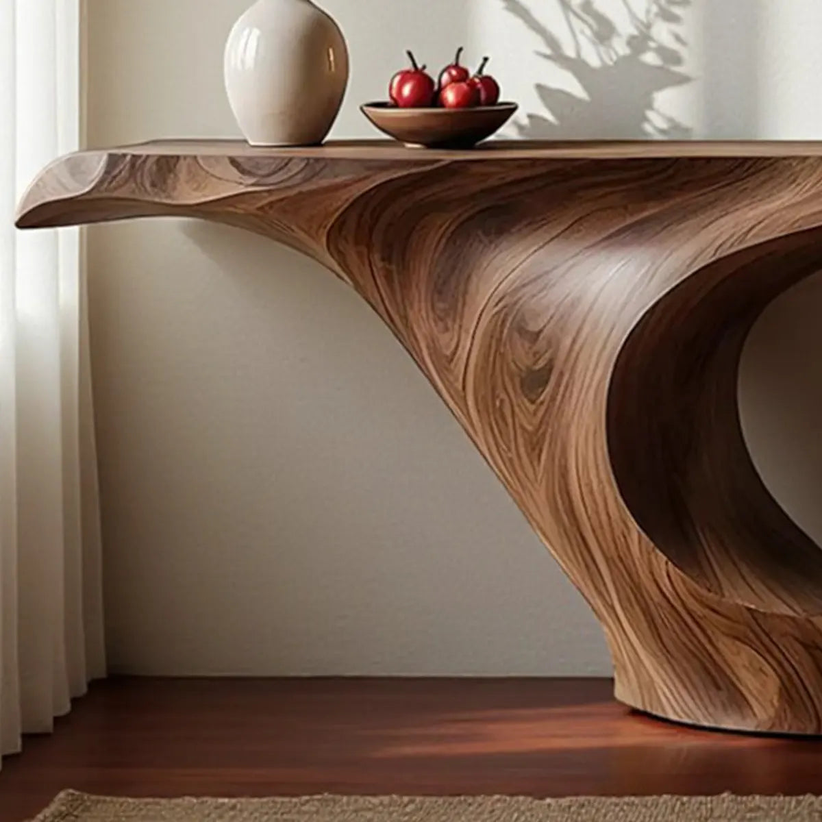 Wave Curve Walnut Console Table – Organic Sculptural Form - Rustira