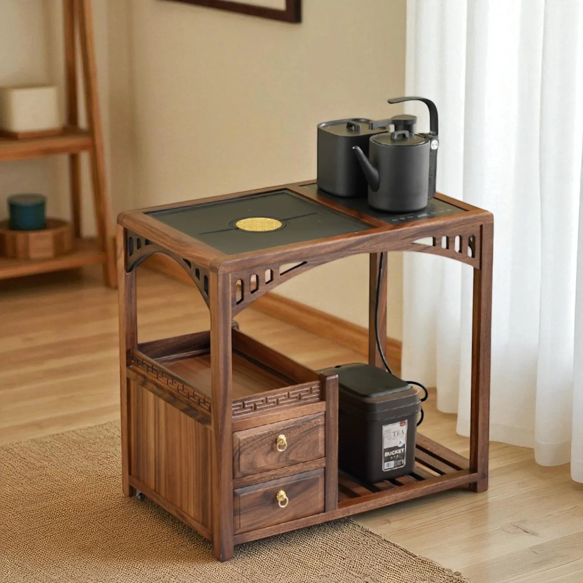 Wooden Tea Cabinet with Open Frame – Compact Brewing Table - Rustira