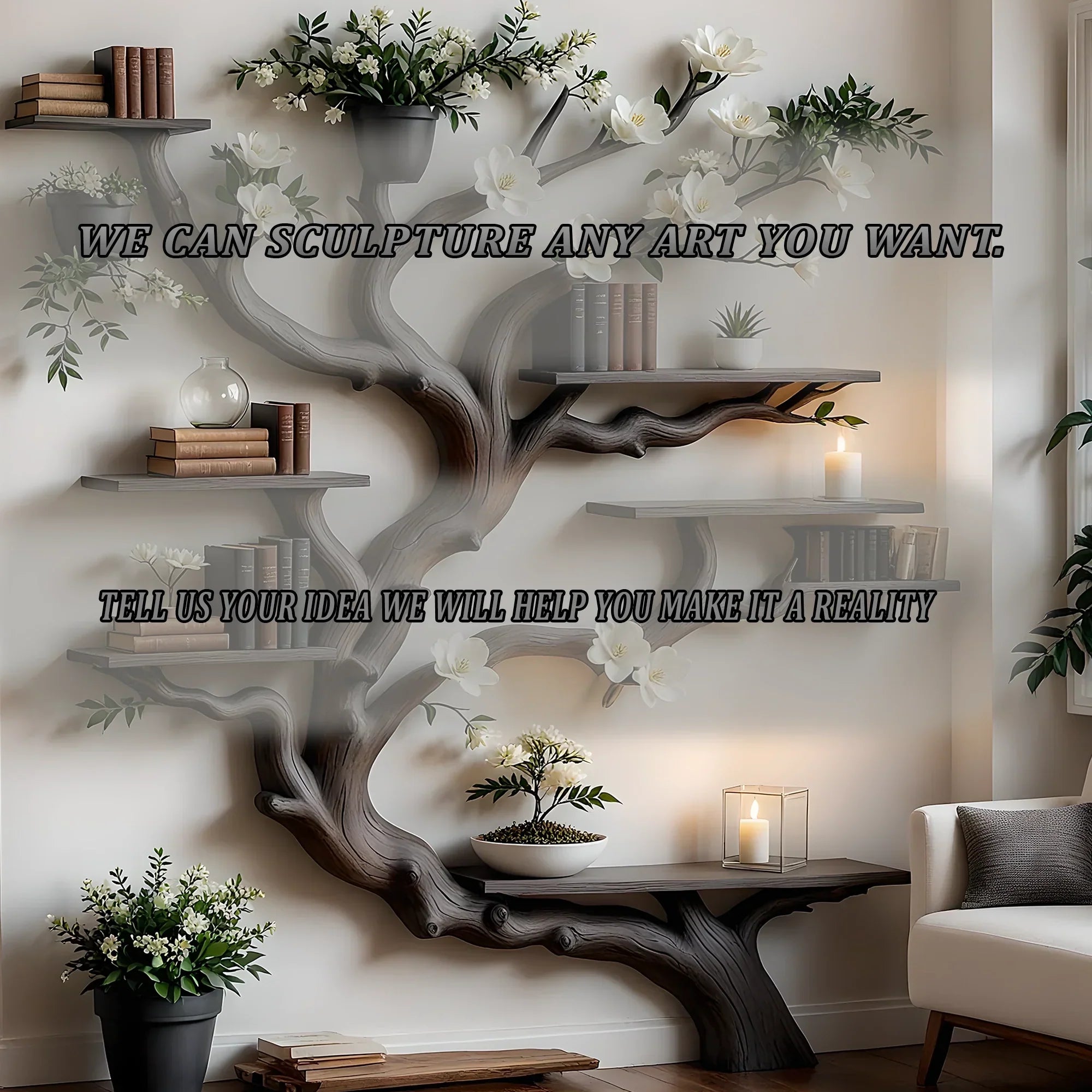 Solid Wood Tree Bookshelf – Nature Theme Decor for Living Room or Nursery