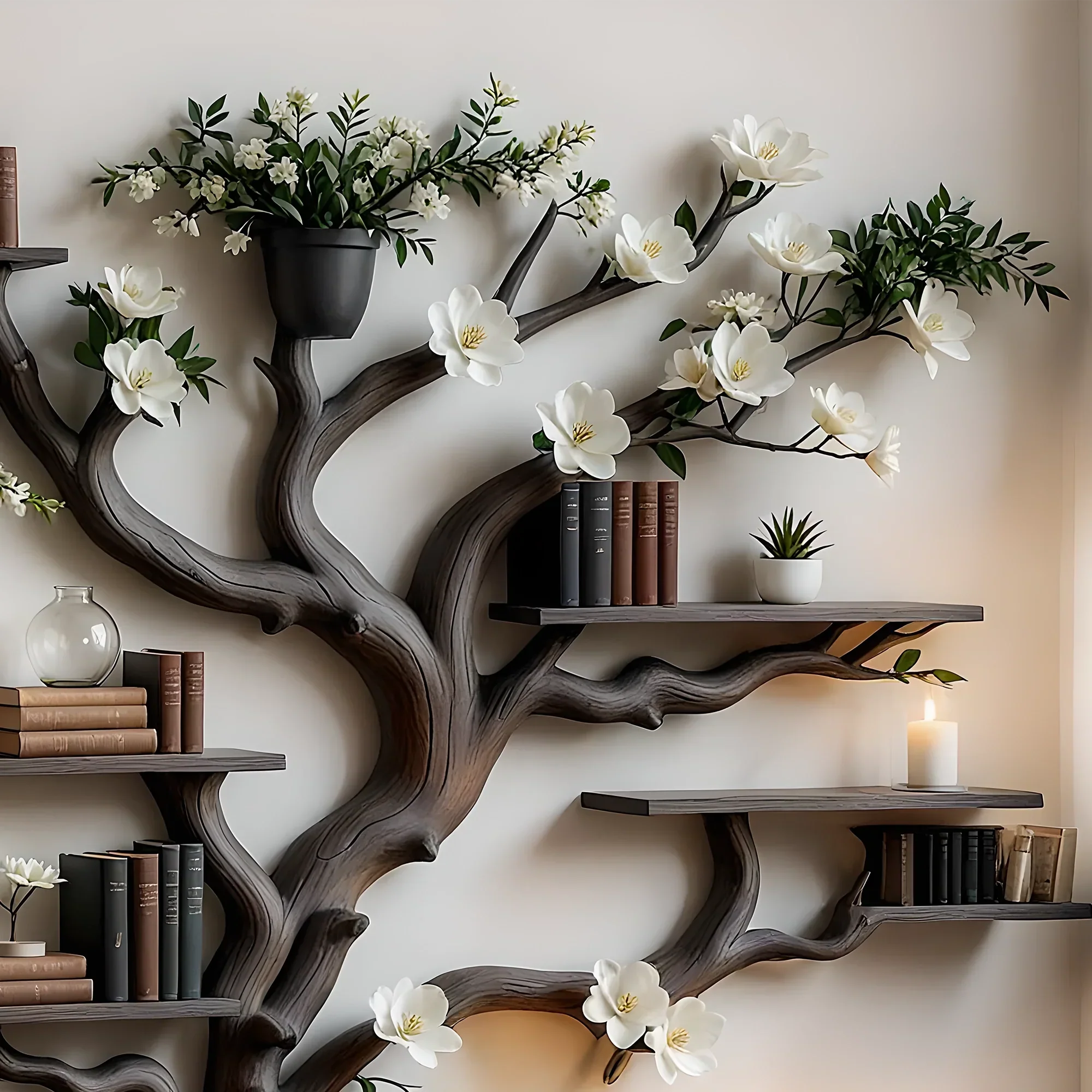 Solid Wood Tree Bookshelf – Nature Theme Decor for Living Room or Nursery