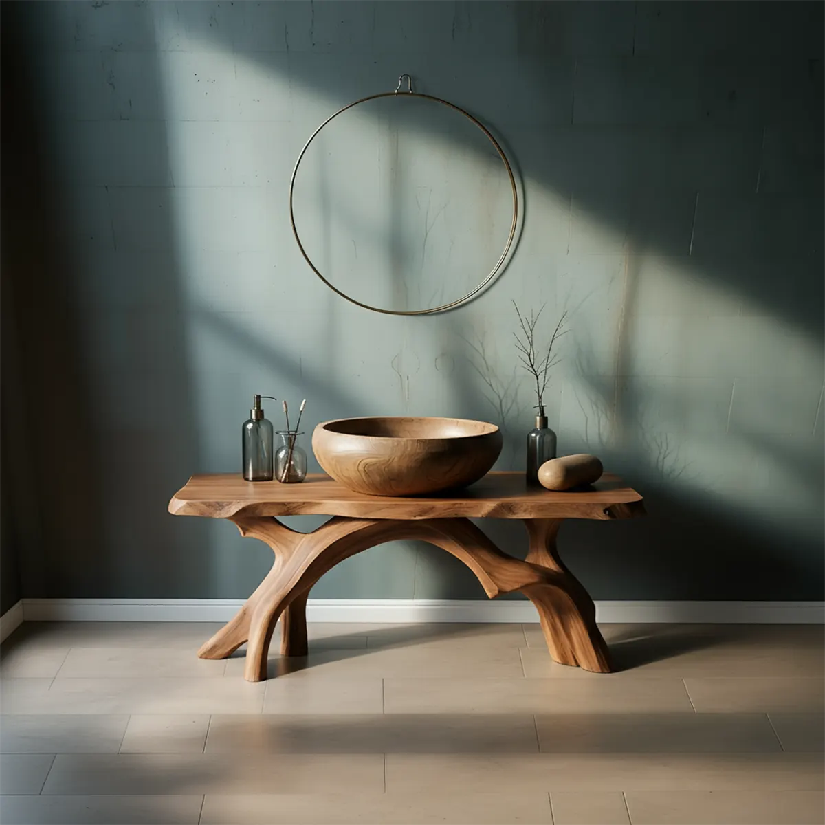 BranchArc Vanity – Sculpted Solid Wood Bathroom Console - Rustira