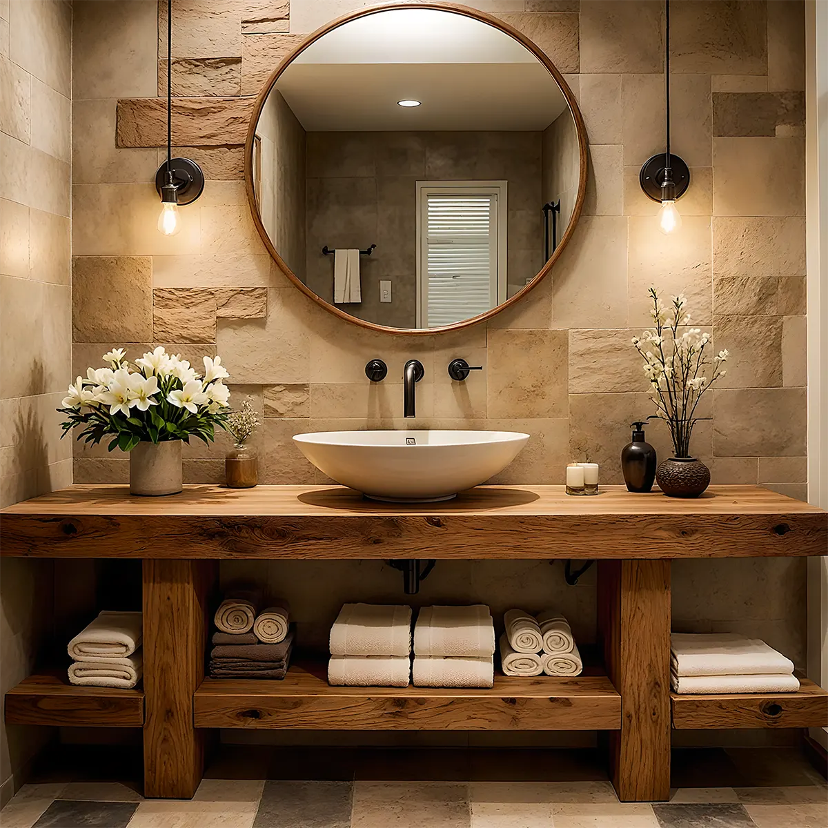 Rustic Oak Bathroom Vanity – Solid Wood Spa Design