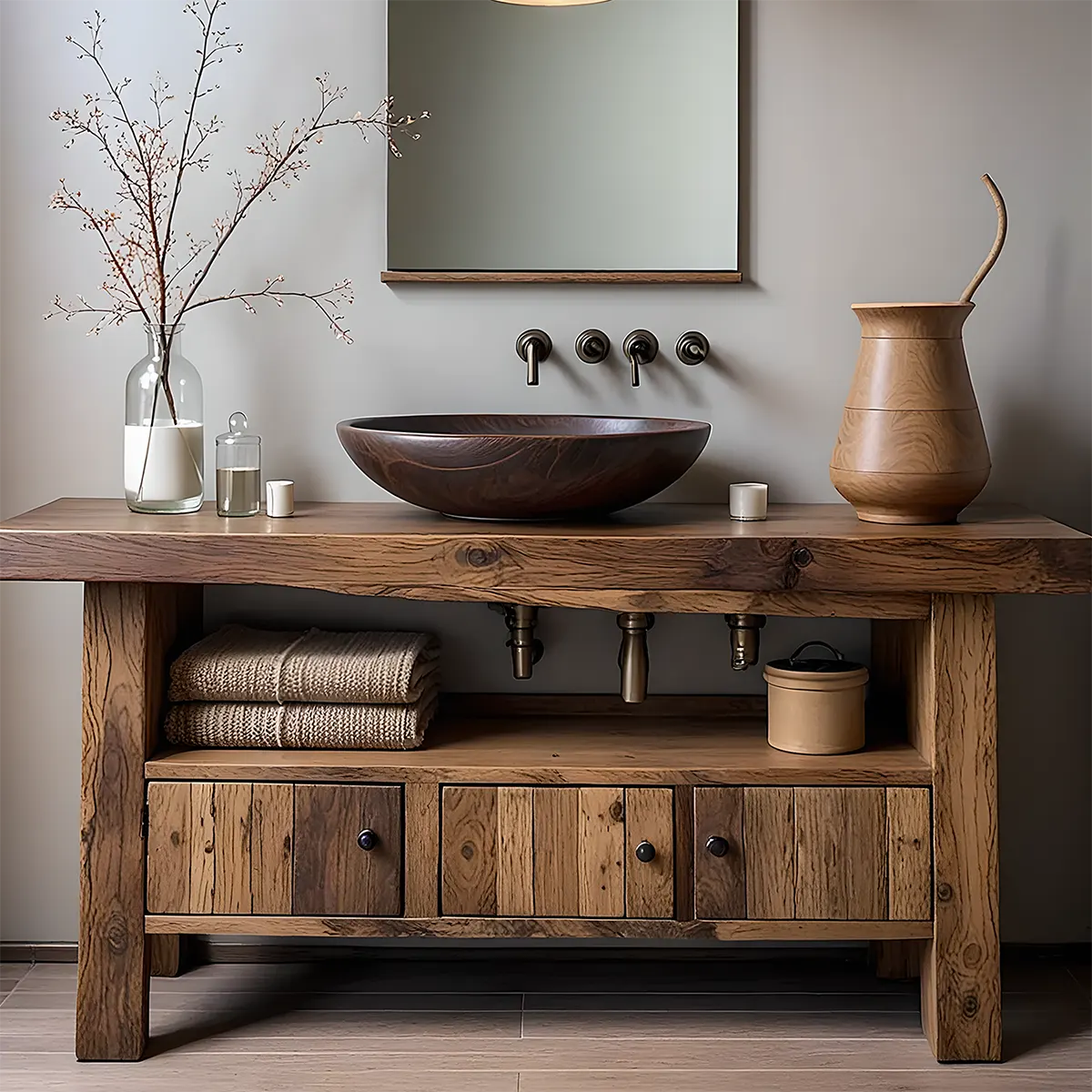 Rustic Heritage Oak Bathroom Vanity – Handcrafted Wood