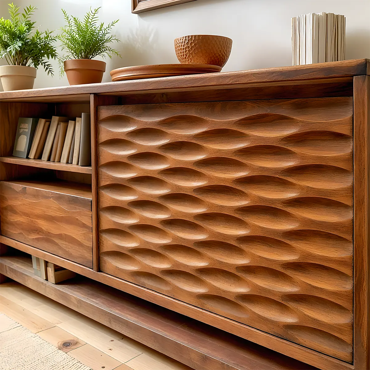 Modern wooden TV shelf – Delicate wave design, with drawers and storage shelves