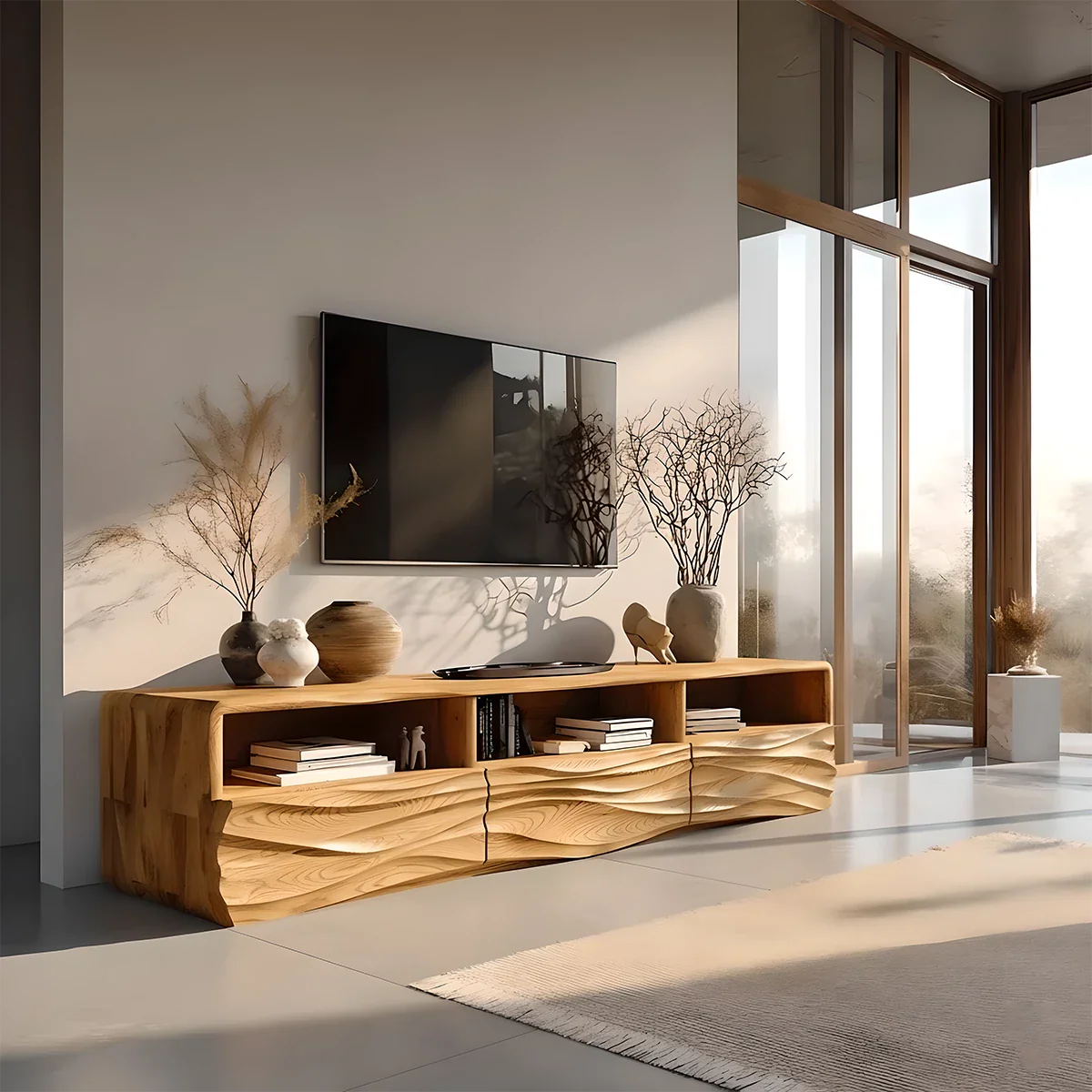 Why Sculptural Wood TV Stands Are Defining the Organic Modern Living Room Trend