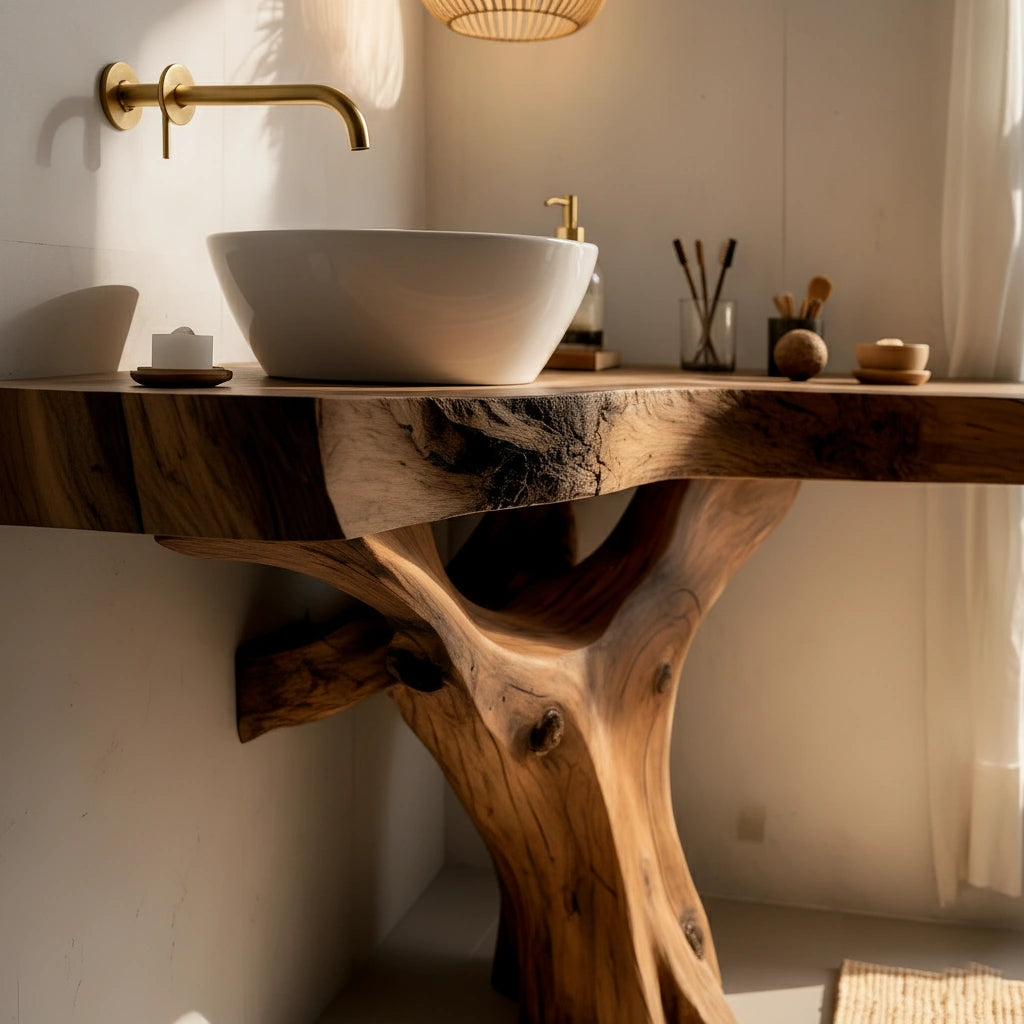 Organic Live Edge Bathroom Vanity With Sculpted Tree-Form Base - Rustira