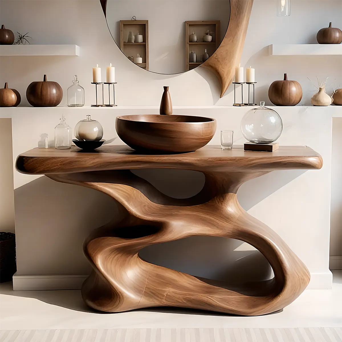 FlowForm Vanity – Sculpted Organic Solid Wood Bathroom - Rustira